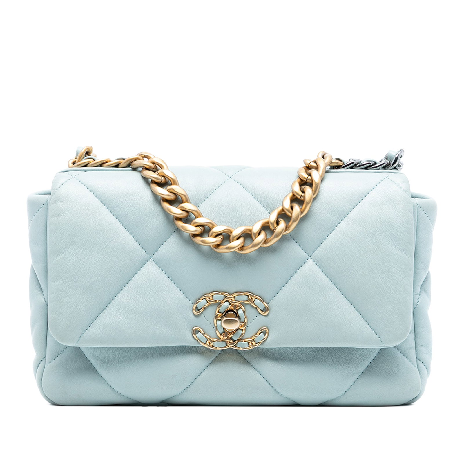 Chanel 19 Medium Blue Quilted Lambskin Flap Shoulder Bag: Chanel 19 Medium Blue Quilted Lambskin Flap Shoulder Bag This Chanel Medium Lambskin 19 Flap bag features a quilted lambskin leather body in blue, complemented by a gold-tone chain handle and a leathe