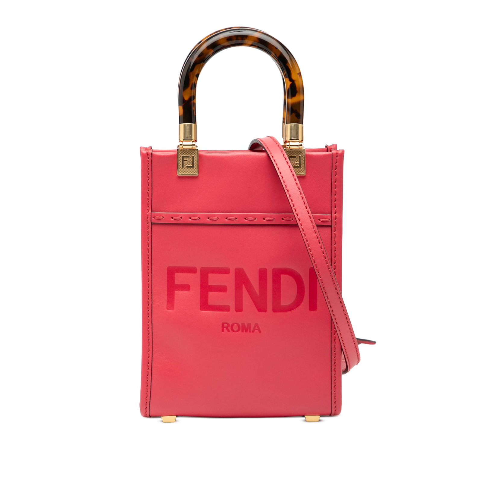 Fendi Mini Sunshine Shopper Pink Leather Tote with Acrylic Handles: Fendi Mini Sunshine Shopper Pink Leather Tote with Acrylic Handles This Fendi Mini Leather Sunshine Shopper Tote features a pink leather body with rolled acrylic top handles and a detachable flat leat