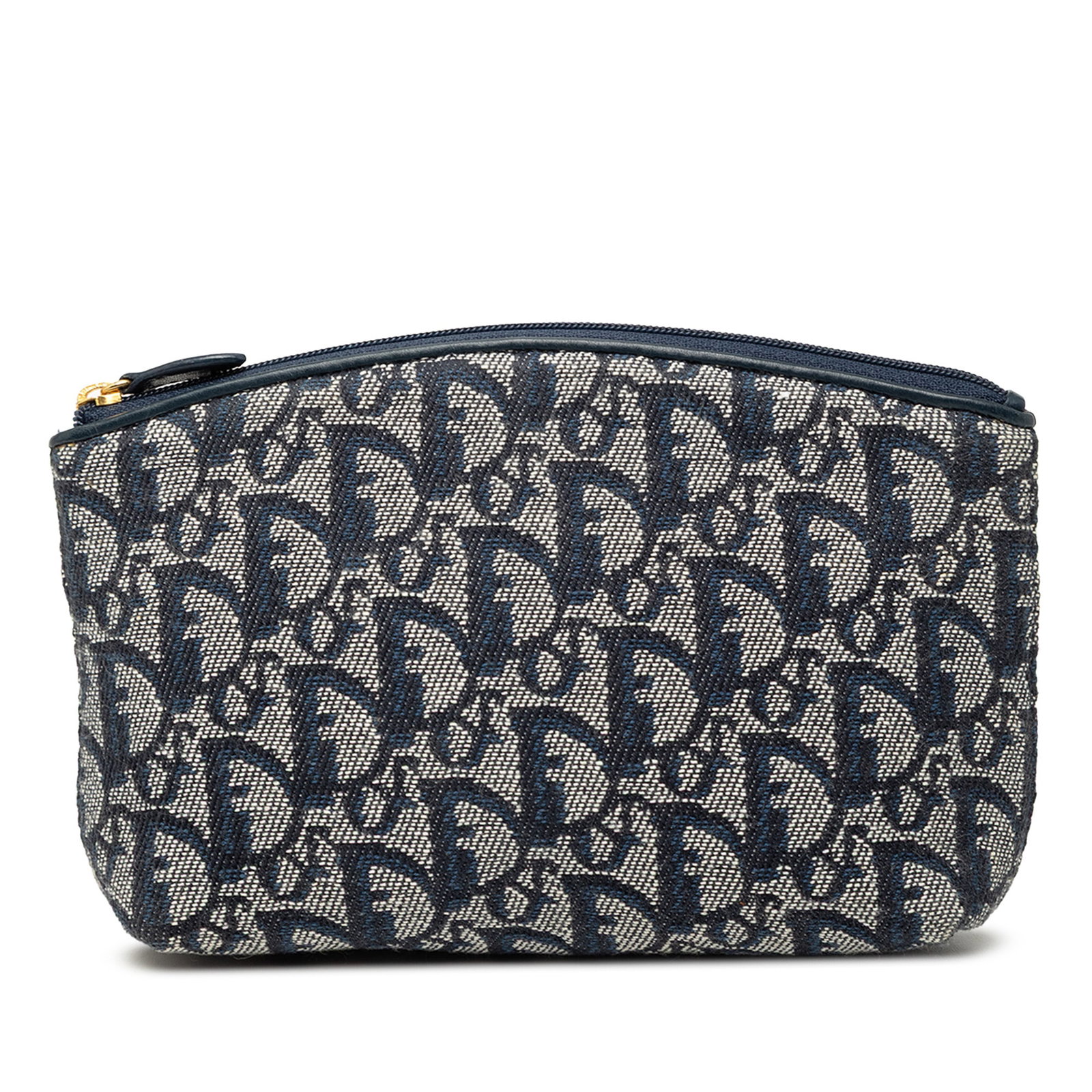 Dior Diorissimo Trotter Blue Canvas Makeup Bag with Zip Closure: Dior Diorissimo Trotter Blue Canvas Makeup Bag with Zip Closure This Diorissimo Trotter canvas cosmetic pouch features a blue fabric body with the signature Trotter pattern and a top zip closure. The 