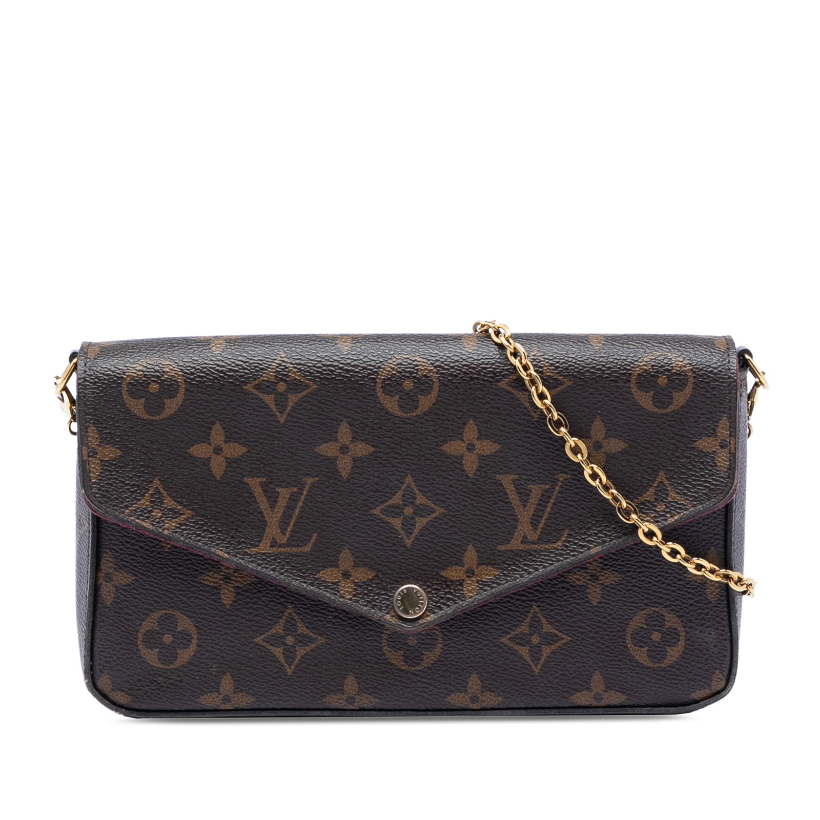 Louis Vuitton Felicie Monogram Canvas Crossbody With Gold Chain Strap: Louis Vuitton Felicie Monogram Canvas Crossbody With Gold Chain Strap The Louis Vuitton Monogram Pochette Felicie is a crossbody bag crafted from monogram canvas with a brown color. It features a deta