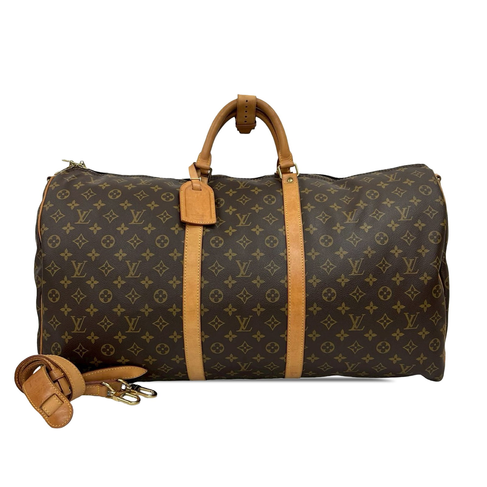 Louis Vuitton Keepall Bandouliere 60 Monogram Canvas Travel Bag with Strap: Louis Vuitton Keepall Bandouliere 60 Monogram Canvas Travel Bag with Strap The Louis Vuitton Monogram Keepall Bandouliere 60 is crafted from signature monogram canvas with rolled vachetta leather hand