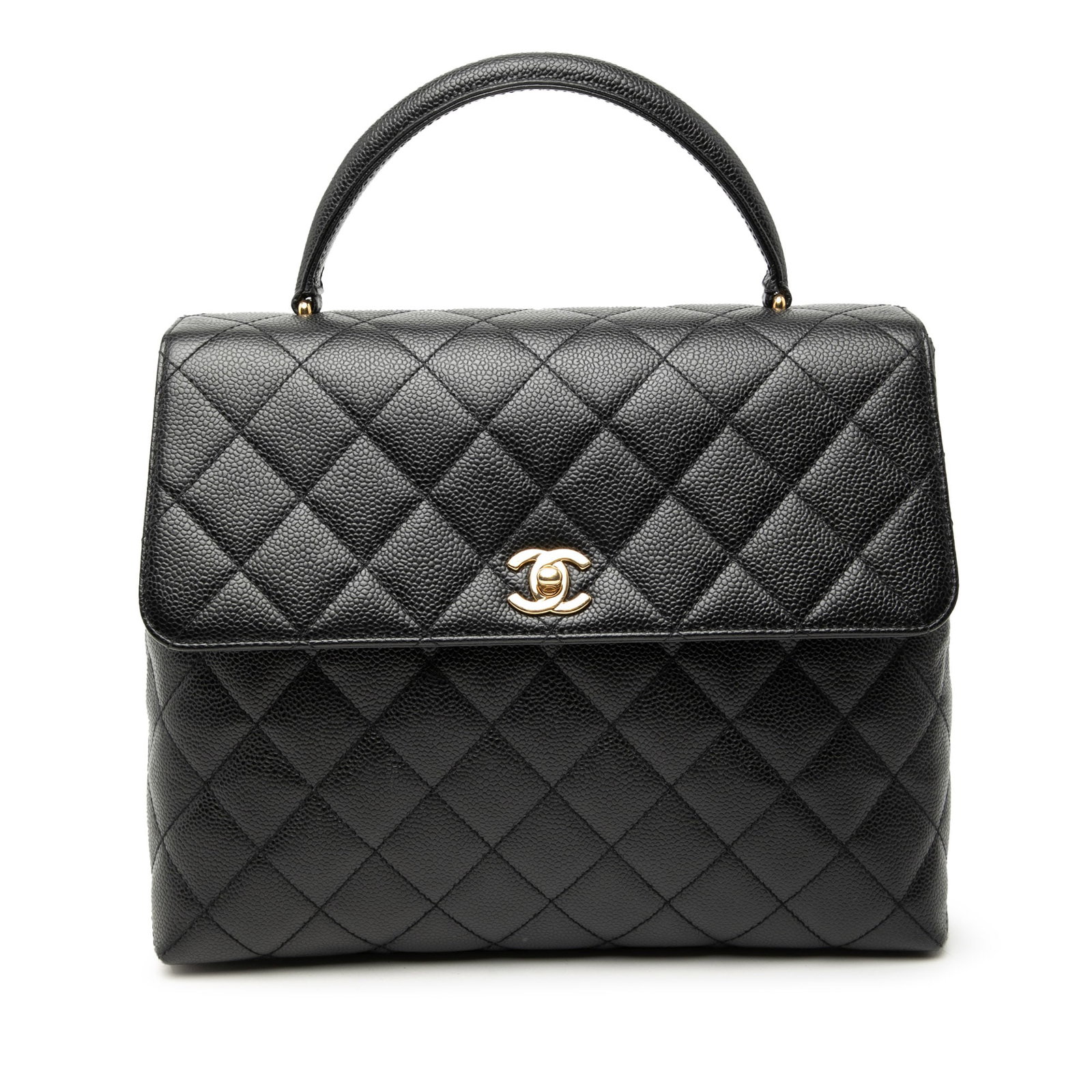 Black Chanel Caviar Leather Kelly Style Handbag with CC Turn Lock: Black Chanel Caviar Leather Kelly Style Handbag with CC Turn Lock This Chanel CC Quilted Caviar Kelly Top Handle Bag features a black quilted caviar leather body, a rolled leather top handle, and a to