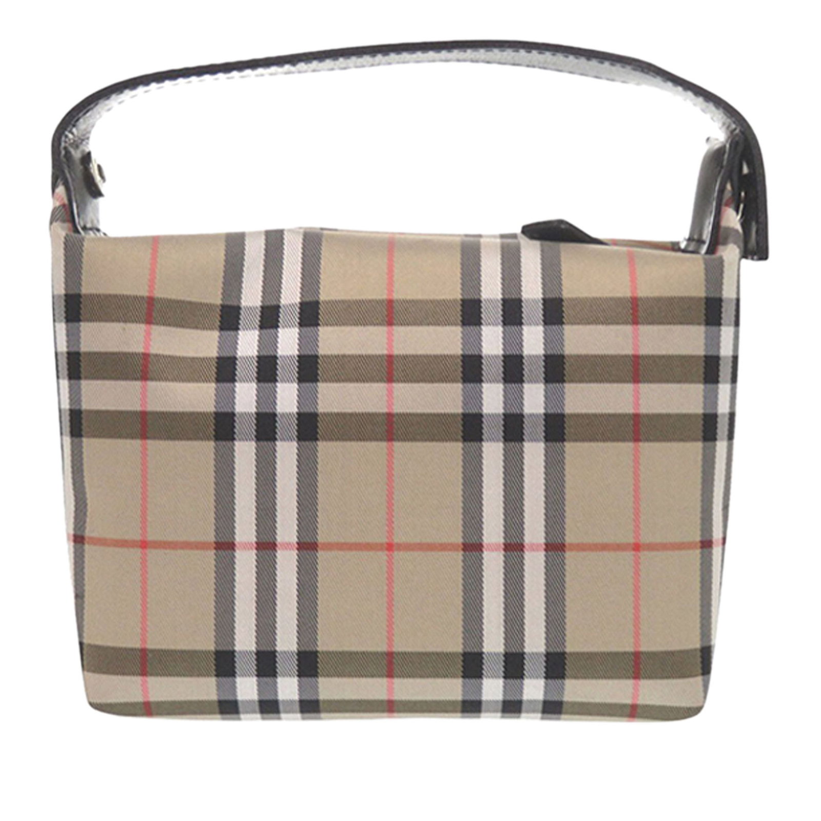 Burberry Beige Nylon Shoulder Bag with Leather Handle and Zip Top: Burberry Beige Nylon Shoulder Bag with Leather Handle and Zip Top This Burberry handbag features the signature House Check design on a nylon body, complemented by a flat leather handle and a top zip c