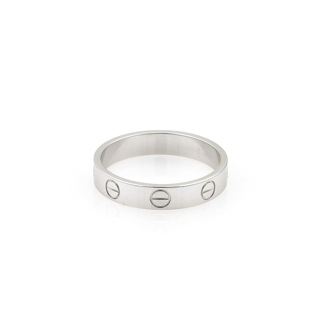 Cartier Mini Love 18k White Gold Band Ring Size 48 Cert Copy: Cartier Mini Love 18k White Gold Band Ring Size 48 Cert Copy Introducing the exquisite Cartier Mini Love Band Ring, a distinguished piece from the renowned MINI LOVE collection. This authentic ring is