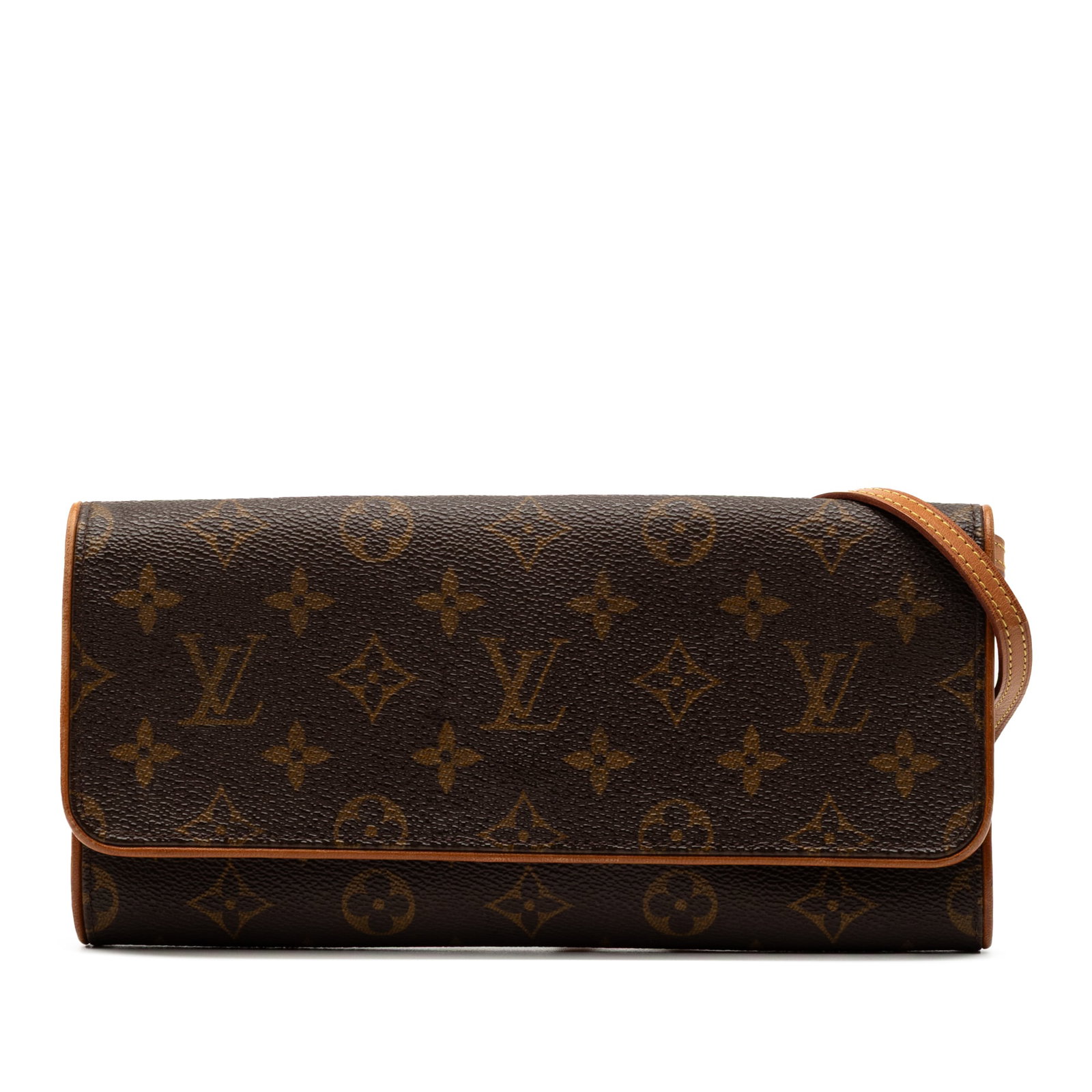 Louis Vuitton Twin GM Brown Monogram Canvas Shoulder Bag: Louis Vuitton Twin GM Brown Monogram Canvas Shoulder Bag The Louis Vuitton Monogram Pochette Twin GM features a classic monogram canvas exterior, a flat vachetta leather strap, and a front flap with a