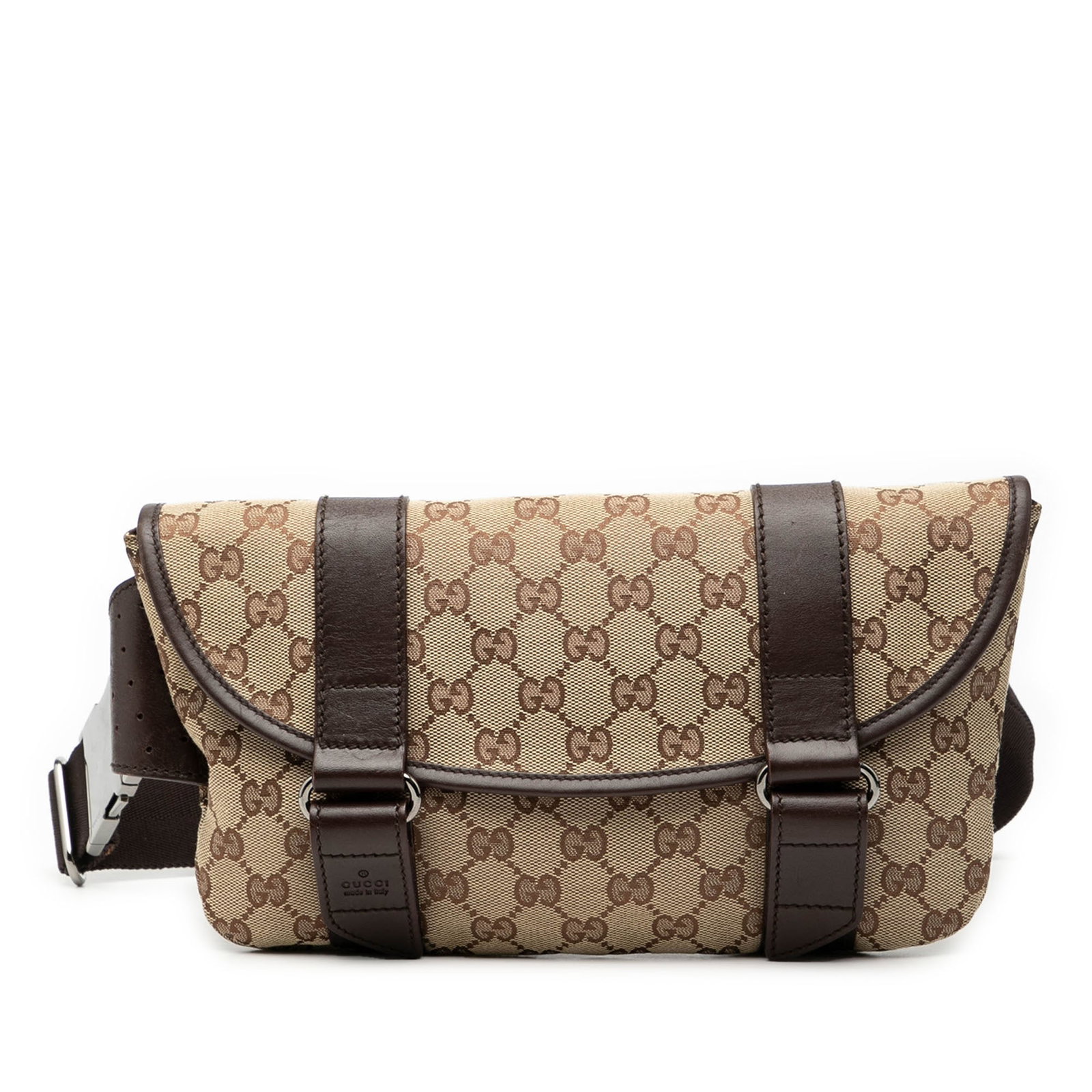 Beige GG Canvas Waist Pouch with Leather Trim by Gucci: Beige GG Canvas Waist Pouch with Leather Trim by Gucci This Gucci GG Canvas Belt Bag features a beige canvas body with leather trim, an adjustable flat waist strap with buckle closure, a top flap with