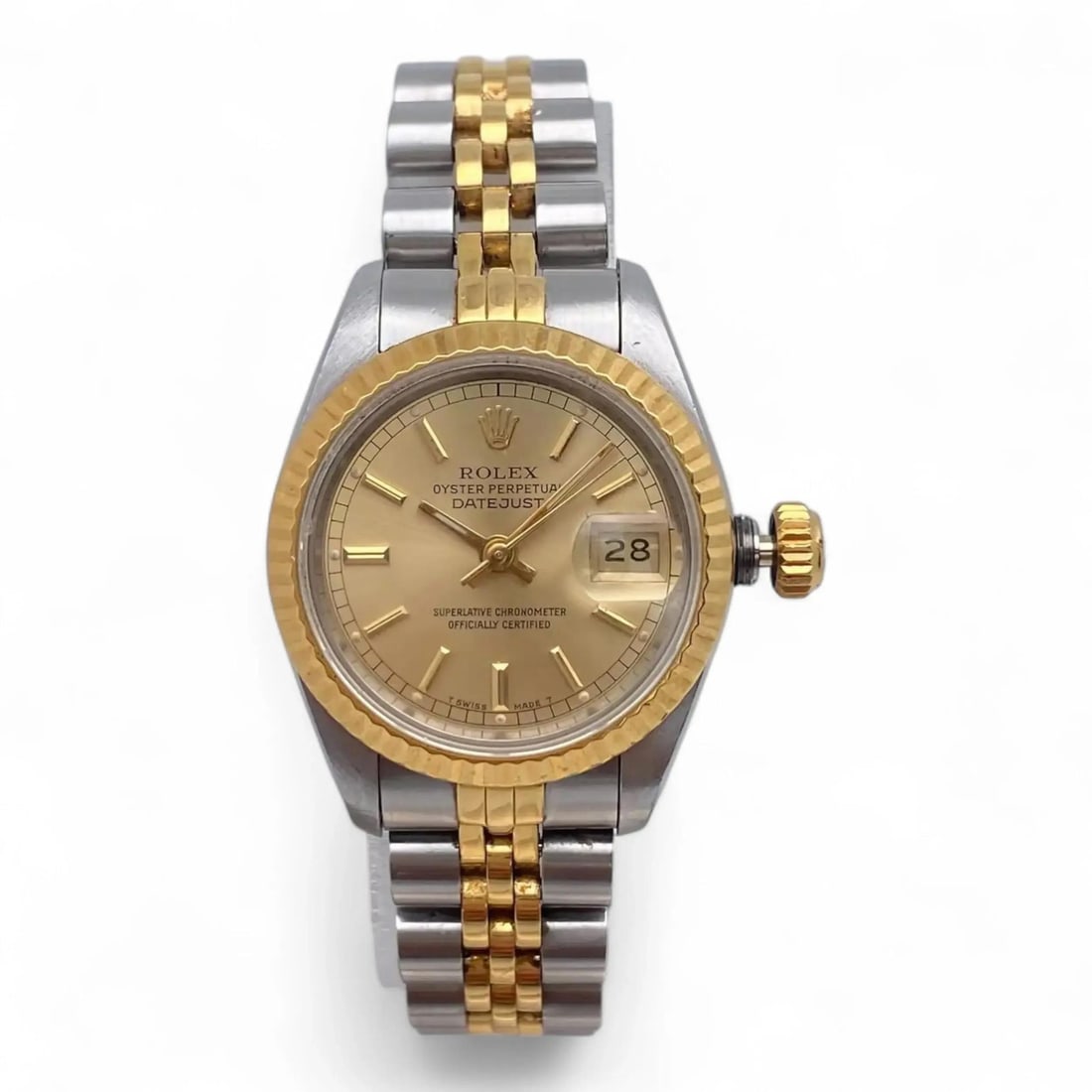 Ladies Rolex Datejust Automatic 26mm Champagne Dial Stainless Steel Gold Watch: Ladies Rolex Datejust Automatic 26mm Champagne Dial Stainless Steel Gold Watch This pre-owned Rolex Datejust 26MM automatic ladies watch features a champagne sunburst dial with stick indexes and a flu