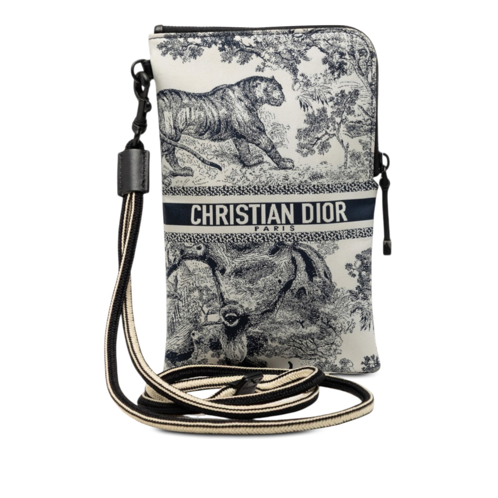 Dior Toile De Jouy DiorTravel Blue Embroidered Fabric Multifunction Pouch: Dior Toile De Jouy DiorTravel Blue Embroidered Fabric Multifunction Pouch This DiorTravel Multifunction Pouch showcases a technical fabric body with embroidered Toile de Jouy detailing. It includes a 