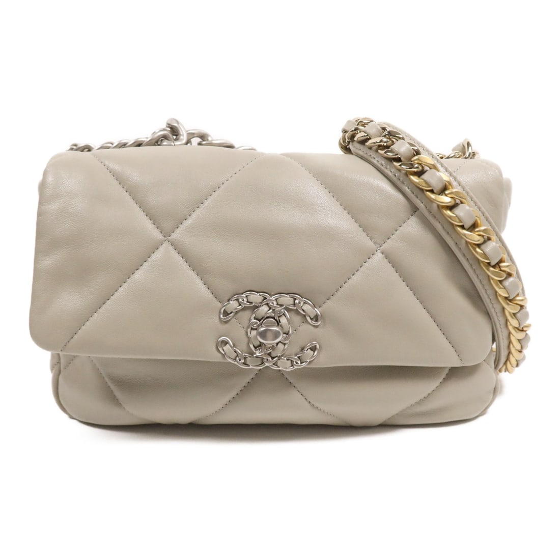 CHANEL 19 Lambskin Gray 2way Shoulder Bag: CHANEL 19 Lambskin Gray 2way Shoulder Bag This CHANEL 19 2-way shoulder bag is crafted from luxurious lambskin leather in a sophisticated grey tone. Designed for versatility, it can be worn as both a 