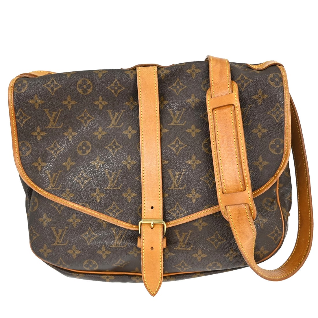 Saumur Monogram Canvas Shoulder Bag by Louis Vuitton: Saumur Monogram Canvas Shoulder Bag by Louis Vuitton This Louis Vuitton Saumur handbag features the signature Monogram canvas in brown, designed for unisex use. The bag shows scuffs, cracks, stains, s