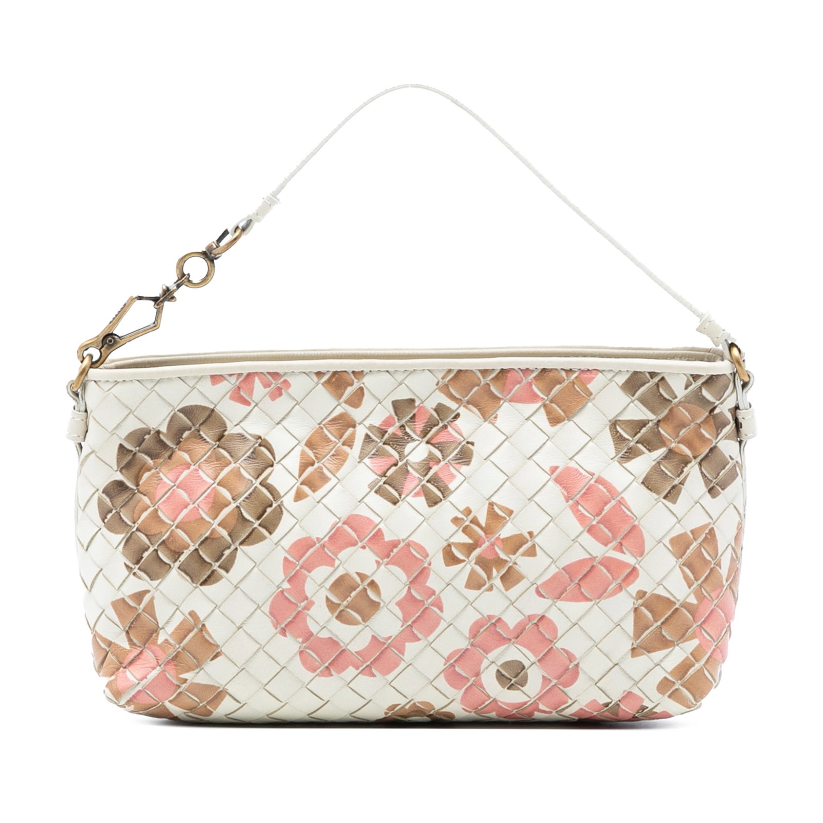 Bottega Veneta Intrecciato Leather Shoulder Bag with Floral Design: Bottega Veneta Intrecciato Leather Shoulder Bag with Floral Design This Bottega Veneta handbag showcases a woven nappa leather body adorned with a floral print, complemented by a flat leather strap an