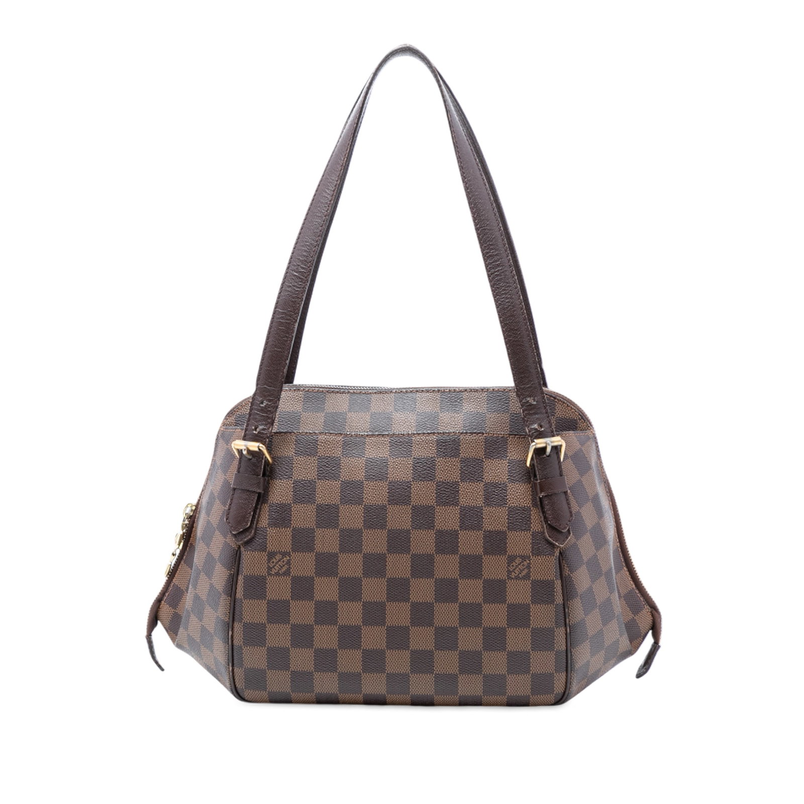 Louis Vuitton Belem MM Shoulder Bag in Damier Ebene Canvas: Louis Vuitton Belem MM Shoulder Bag in Damier Ebene Canvas The Louis Vuitton Damier Ebene Belem MM features a brown Damier Ebene canvas body with leather trim, flat leather straps, a top zip closure, 