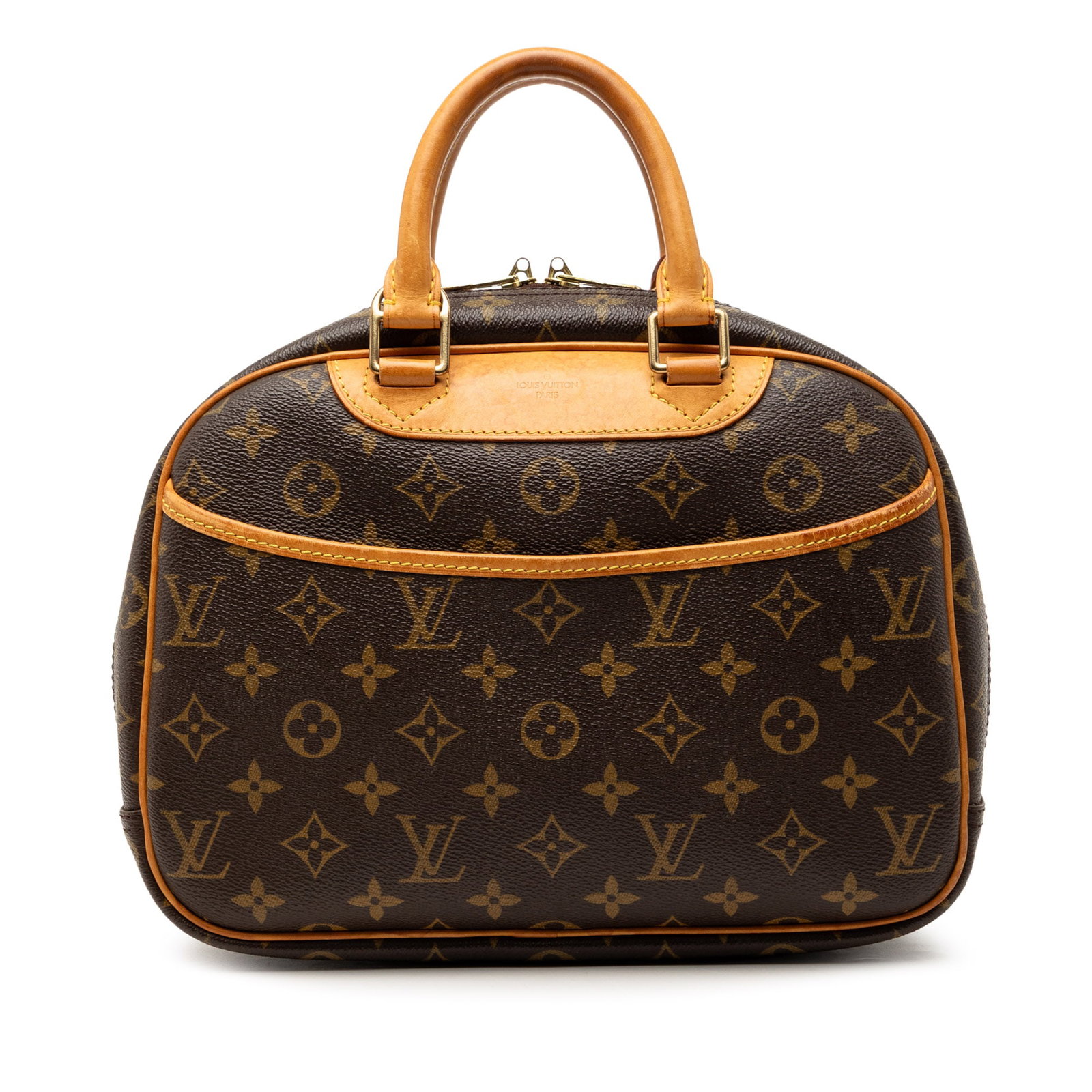 Louis Vuitton Trouville Brown Monogram Canvas Handbag with Leather Handles: Louis Vuitton Trouville Brown Monogram Canvas Handbag with Leather Handles The Louis Vuitton Monogram Trouville features the iconic monogram canvas body with vachetta leather trim and rolled vachetta 