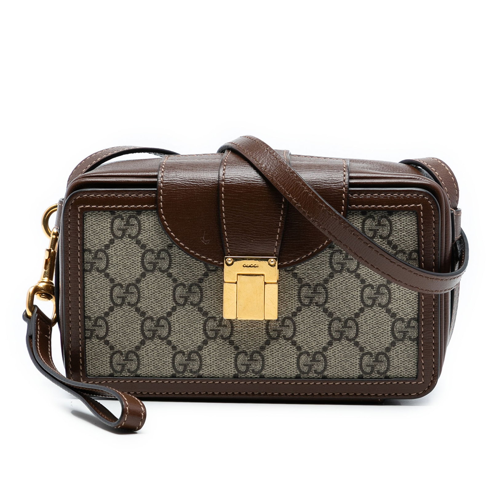 Mini GG Supreme Beige Crossbody Bag with Clasp by Gucci: Mini GG Supreme Beige Crossbody Bag with Clasp by Gucci This Gucci Mini GG Supreme Clasp Crossbody bag features a coated canvas body with leather trim, a flat leather shoulder strap, a front flap with