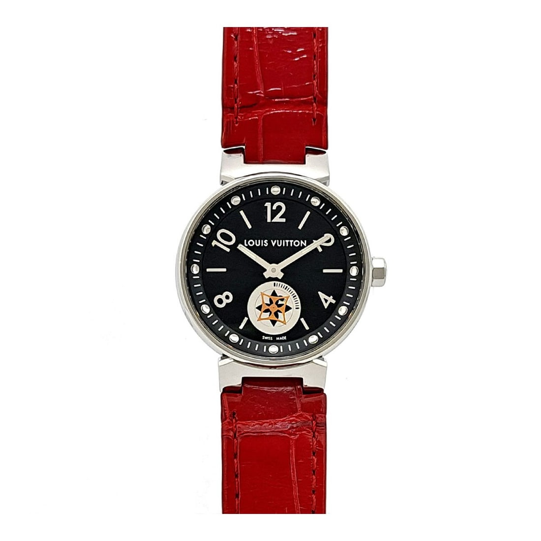 Louis Vuitton Tambour Moonstar PM Quartz Ladies Watch Box Card: Louis Vuitton Tambour Moonstar PM Quartz Ladies Watch Box Card This Louis Vuitton Tambour Moon Star PM Q8J11 women's wristwatch features a stainless steel case paired with a black dial and a leather b