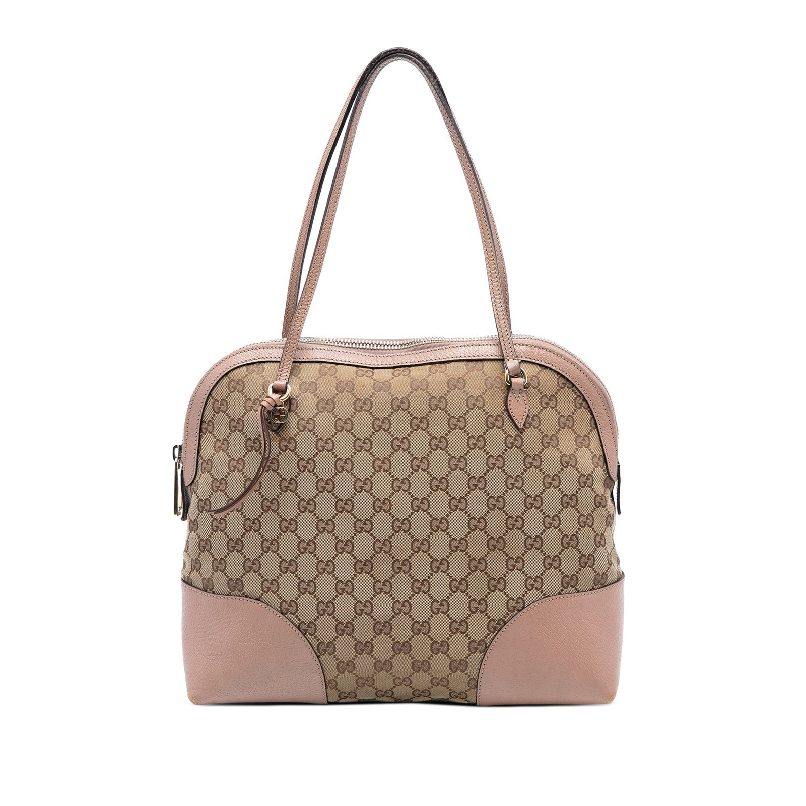 Gucci Bree Dome Tote Medium GG Canvas and Leather Trim Handbag: Gucci Bree Dome Tote Medium GG Canvas and Leather Trim Handbag This Gucci Medium GG Canvas Bree Dome Tote features a beige canvas body with leather trim, flat leather straps, a top zip closure, and in