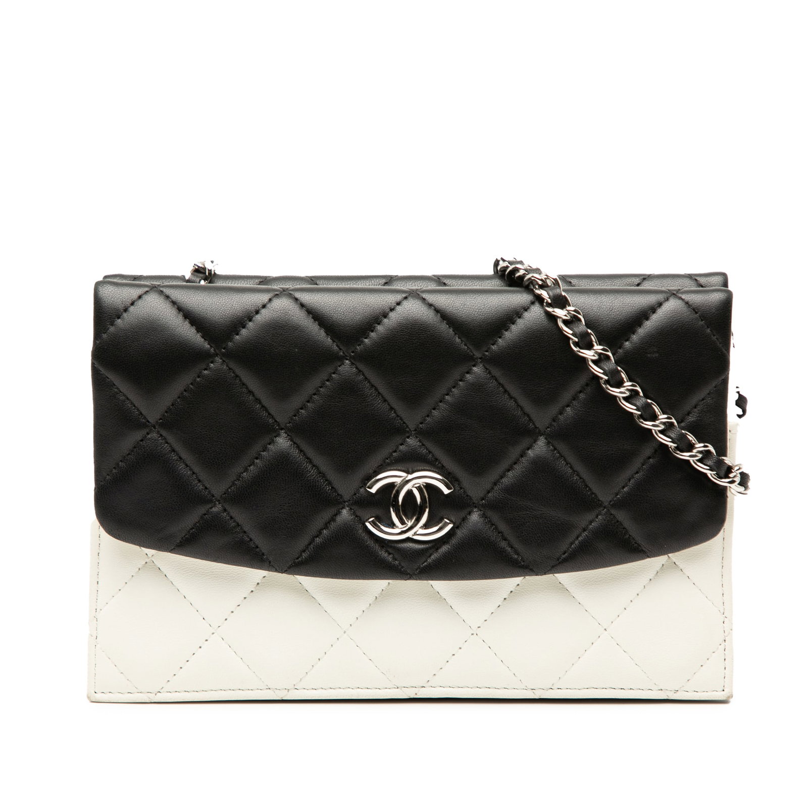 Chanel Bicolor Lambskin Quilted Wallet on Chain Crossbody Bag: Chanel Bicolor Lambskin Quilted Wallet on Chain Crossbody Bag This Chanel CC Bicolor Quilted Lambskin Double Sided Wallet on Chain is crafted from quilted lambskin leather with a leather-woven chain l
