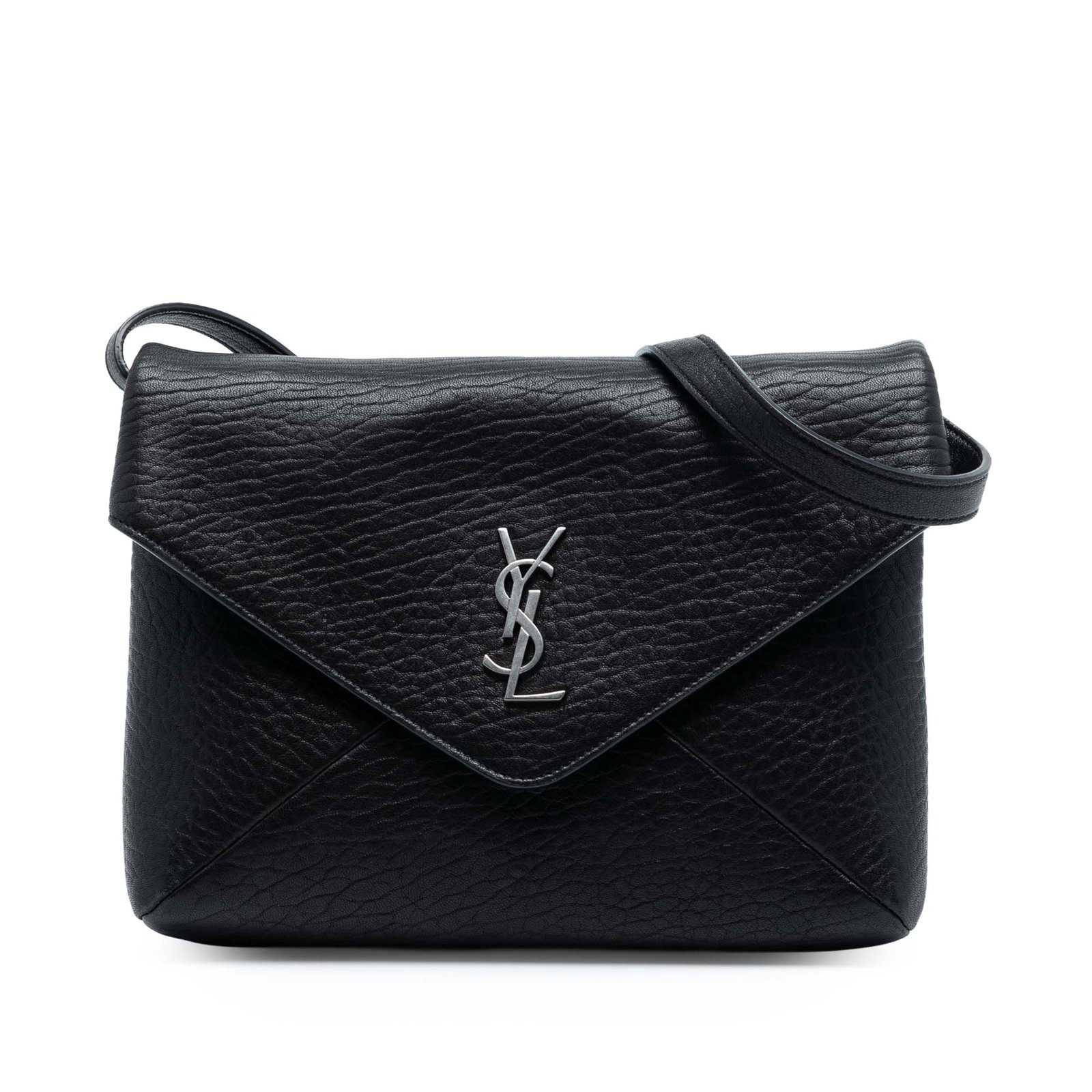Saint Laurent Cassandre Envelope Messenger Bag in Black Lambskin Leather: Saint Laurent Cassandre Envelope Messenger Bag in Black Lambskin Leather The Cassandre Envelope messenger bag by Saint Laurent features a black lambskin leather body with a front flap and magnetic sna