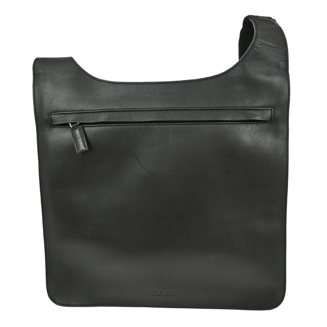 Prada Medium Black Leather Messenger Shoulder Bag with Logo Accent: Prada Medium Black Leather Messenger Shoulder Bag with Logo Accent This Prada shoulder bag features black leather construction and a medium-sized messenger style, making it ideal for casual occasions.