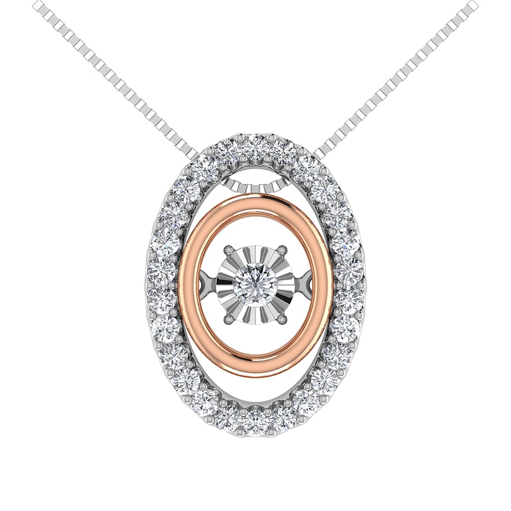 10K Two Tone 1/5 Ct Ct.Tw. Diamond Oval Shape Shimmering Pendant: 10K Two Tone 1/5 Ct Ct.Tw. Diamond Oval Shape Shimmering Pendant 10k Two Tone Stone Color: G-h Stone Clarity: I1 Unless otherwise specified, pendants that include a chain are paired with our standard 