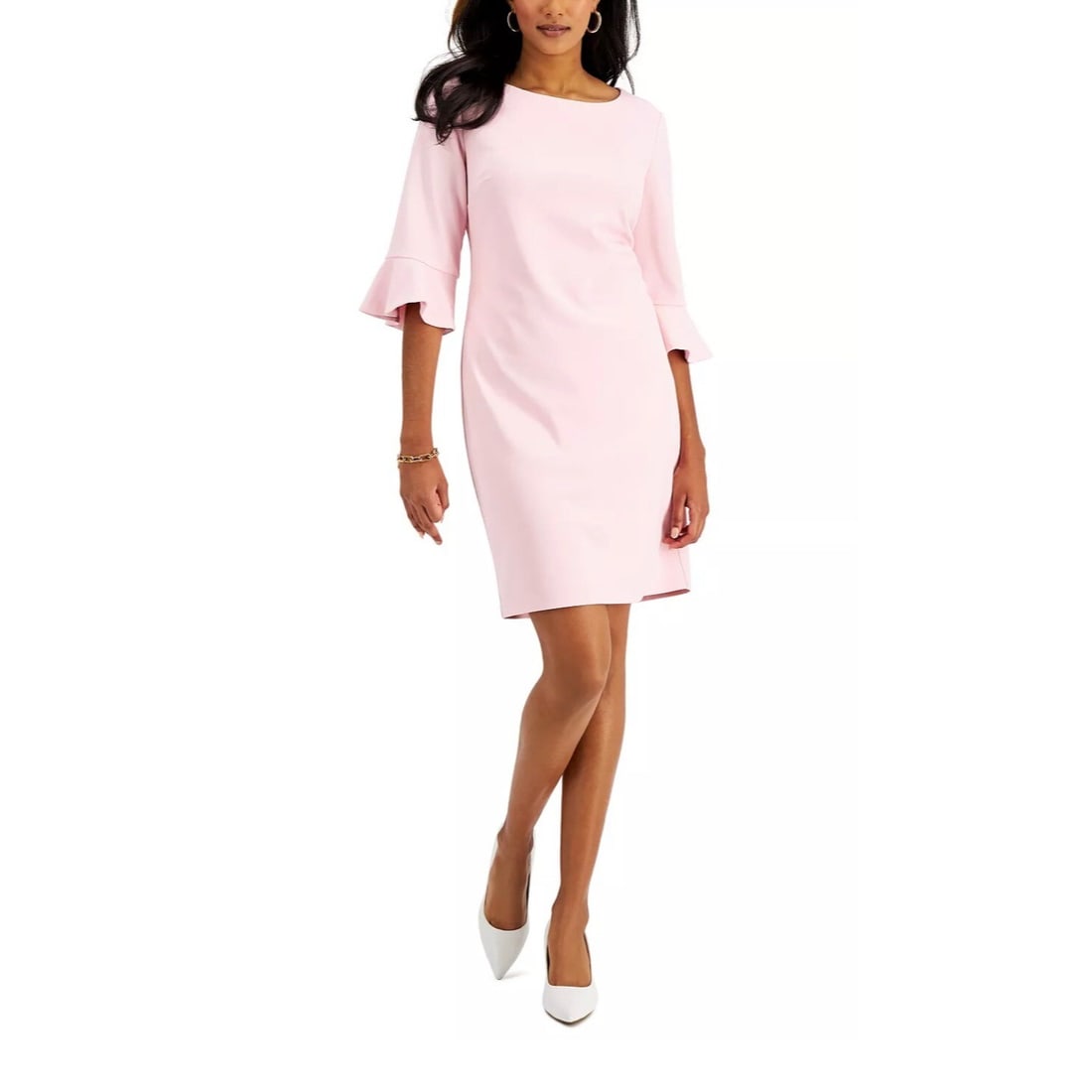 Kasper Pink Sheath Dress with Ruffled Cuffs 3/4 Sleeves Size 6: Kasper Pink Sheath Dress with Ruffled Cuffs 3/4 Sleeves Size 6 Elevate your wardrobe with this stunning Kasper sheath dress, featuring ruffled cuffs that add a unique touch to its classic design. This