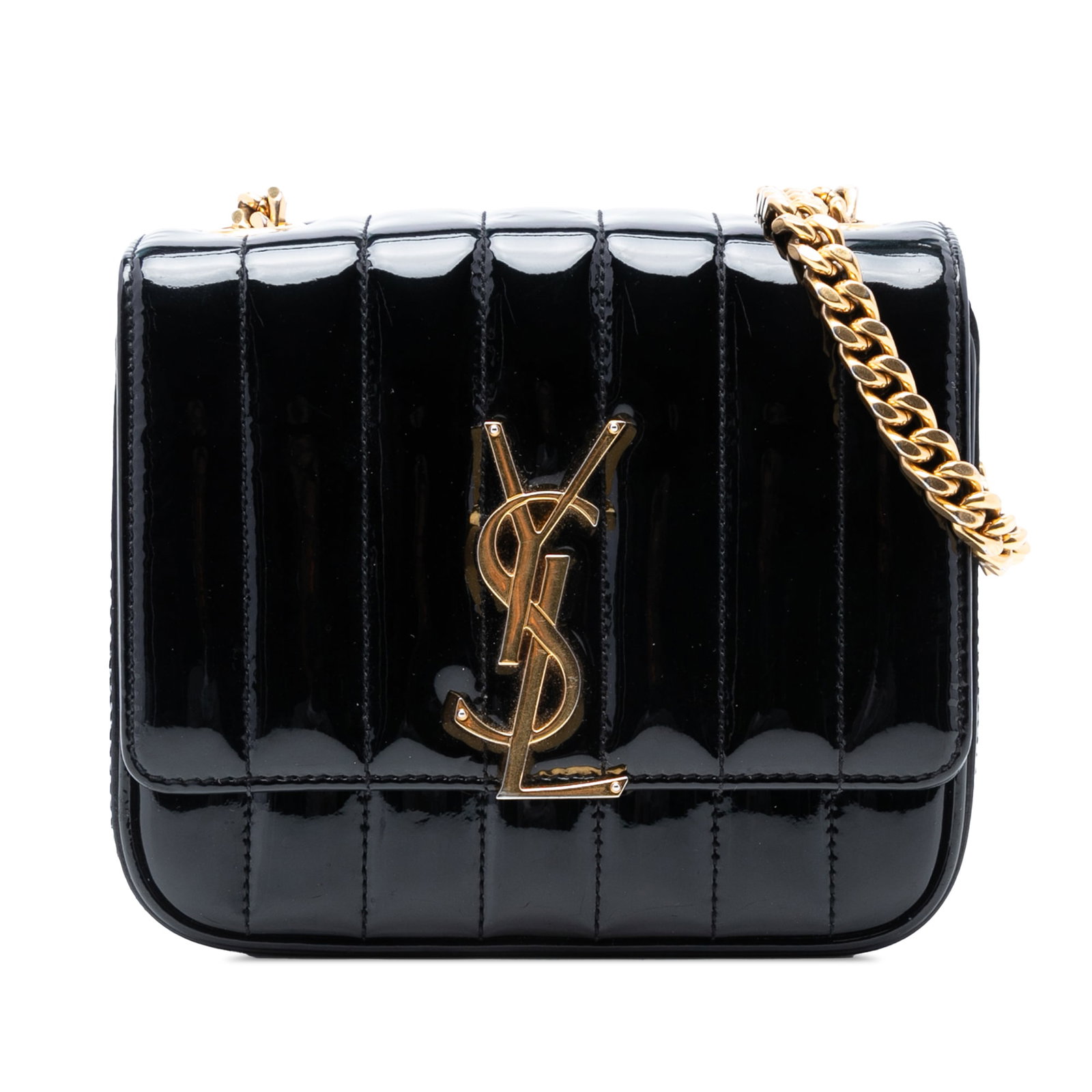 Black Patent Leather Vicky Quilted Shoulder Bag Saint Laurent Small: Black Patent Leather Vicky Quilted Shoulder Bag Saint Laurent Small This Saint Laurent Small Patent Monogram Vicky Chain Bag features a quilted patent leather body in black, complemented by a gold-ton