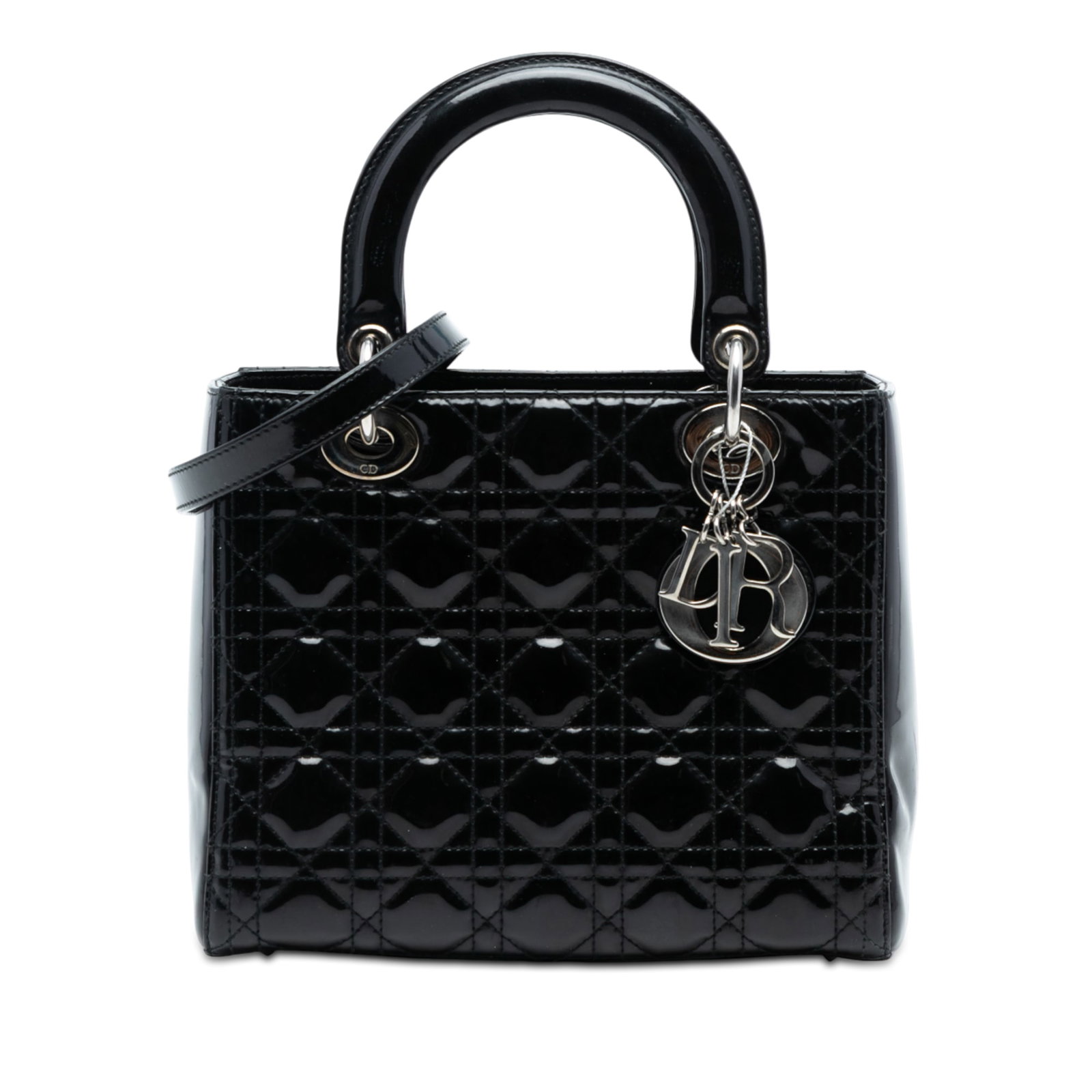 Dior Lady Dior Medium Black Patent Cannage Quilted Leather Bag: Dior Lady Dior Medium Black Patent Cannage Quilted Leather Bag This Lady Dior handbag showcases a quilted patent leather body in black, featuring flat leather top handles and a detachable flat leather