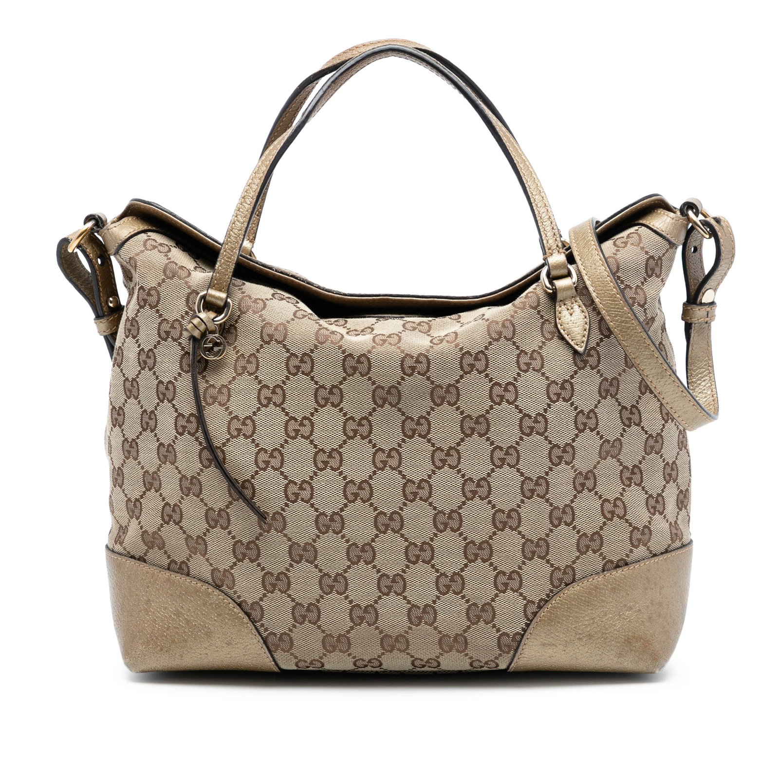 Gucci Bree Medium Beige GG Canvas Tote with Leather Trim and Fold Over Top: Gucci Bree Medium Beige GG Canvas Tote with Leather Trim and Fold Over Top This Gucci Medium GG Canvas Bree Fold Over Tote features a beige canvas body with leather trim, flat leather handles, a detac