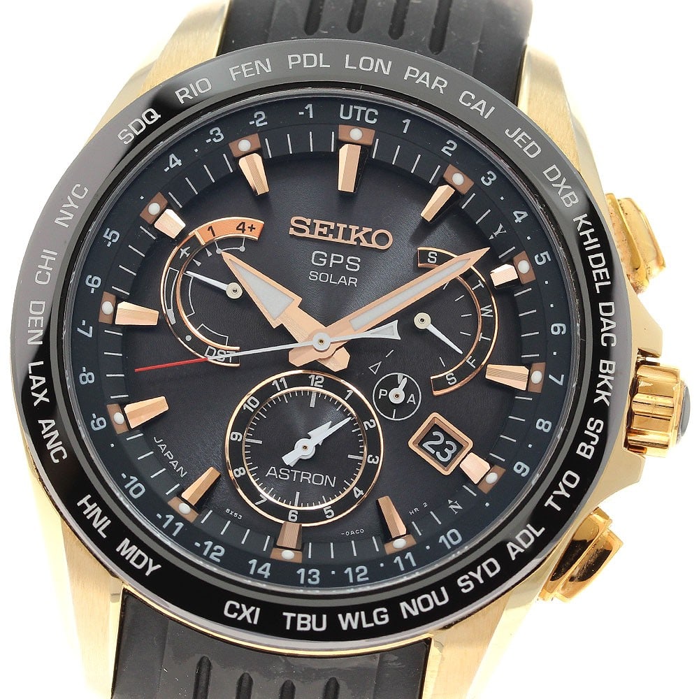 Seiko Astron men's solar radio watch SBXB055 45mm black dial: Seiko Astron men's solar radio watch SBXB055 45mm black dial This Seiko Astron men's wristwatch, model SBXB055/8X53-0AC0-2, is a pre-owned timepiece crafted in Japan. It features a stainless steel and