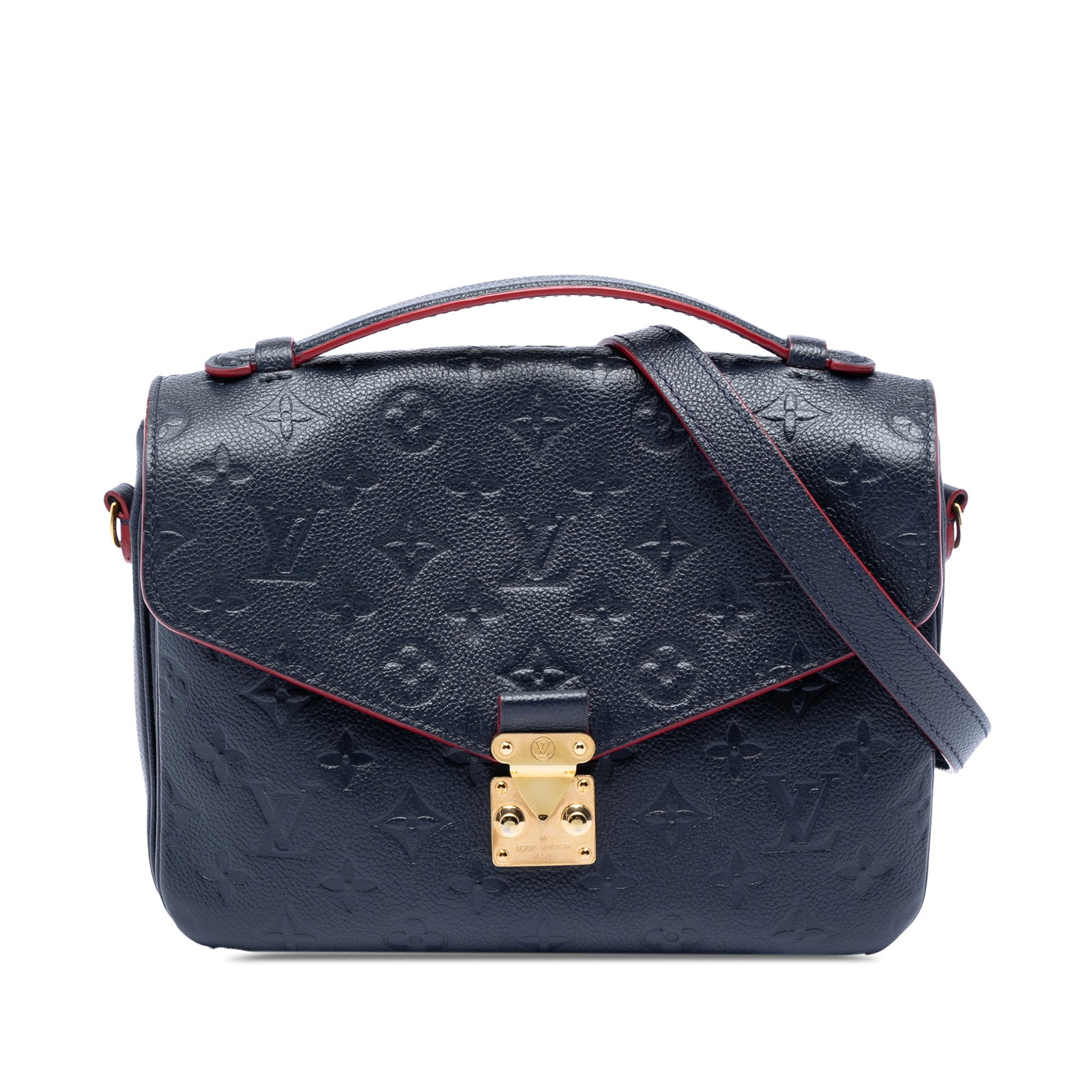 Louis Vuitton Blue Empreinte Leather Pochette Metis Bag with S-Lock: Louis Vuitton Blue Empreinte Leather Pochette Metis Bag with S-Lock This Louis Vuitton Pochette Metis features a monogram empreinte leather body in blue, complemented by a flat leather top handle, a d