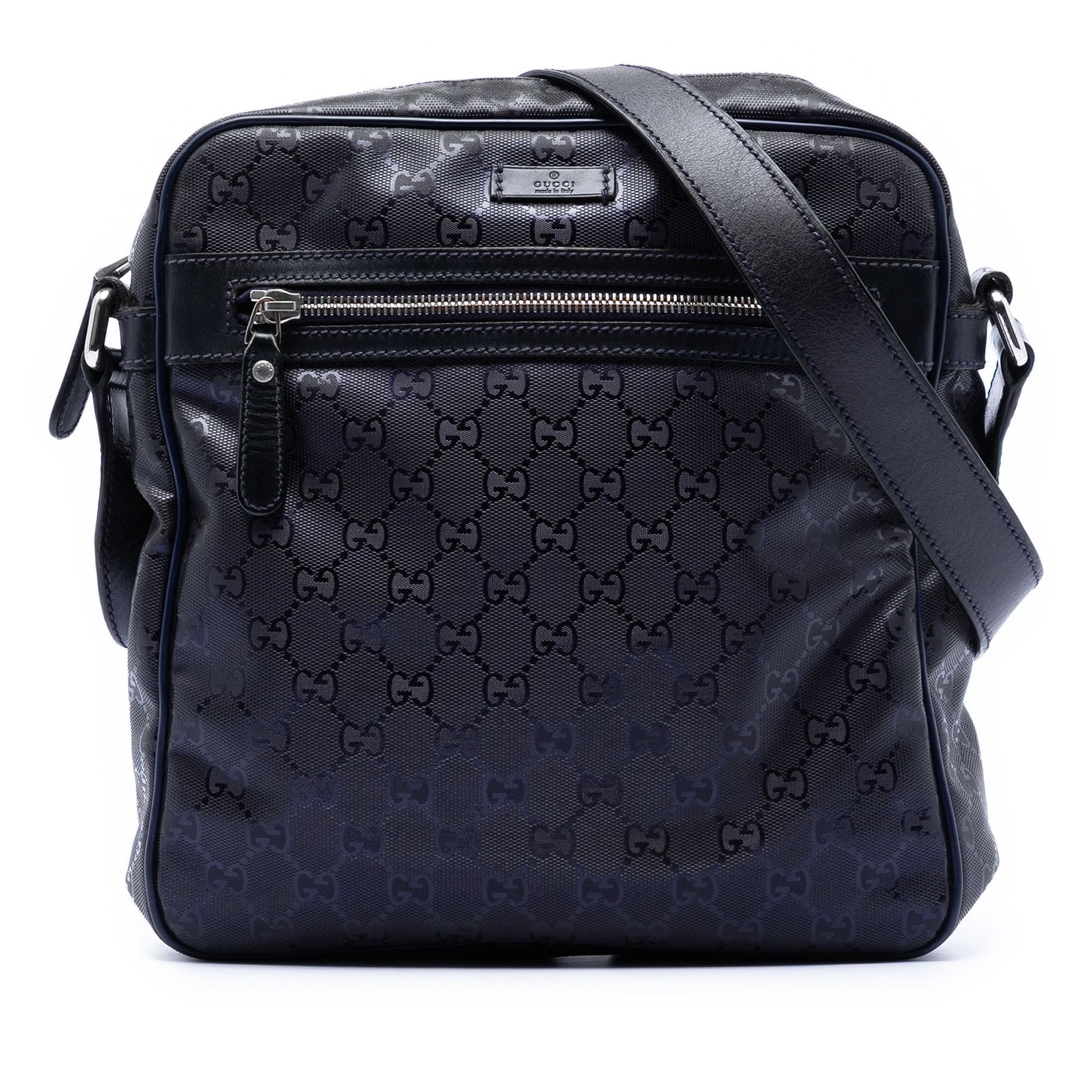 Blue GG Imprime Fabric Crossbody Bag by Gucci with Leather Trim: Blue GG Imprime Fabric Crossbody Bag by Gucci with Leather Trim This Gucci GG Imprime crossbody bag features a coated fabric body with leather trim, an adjustable flat strap, a top zip closure, an ext
