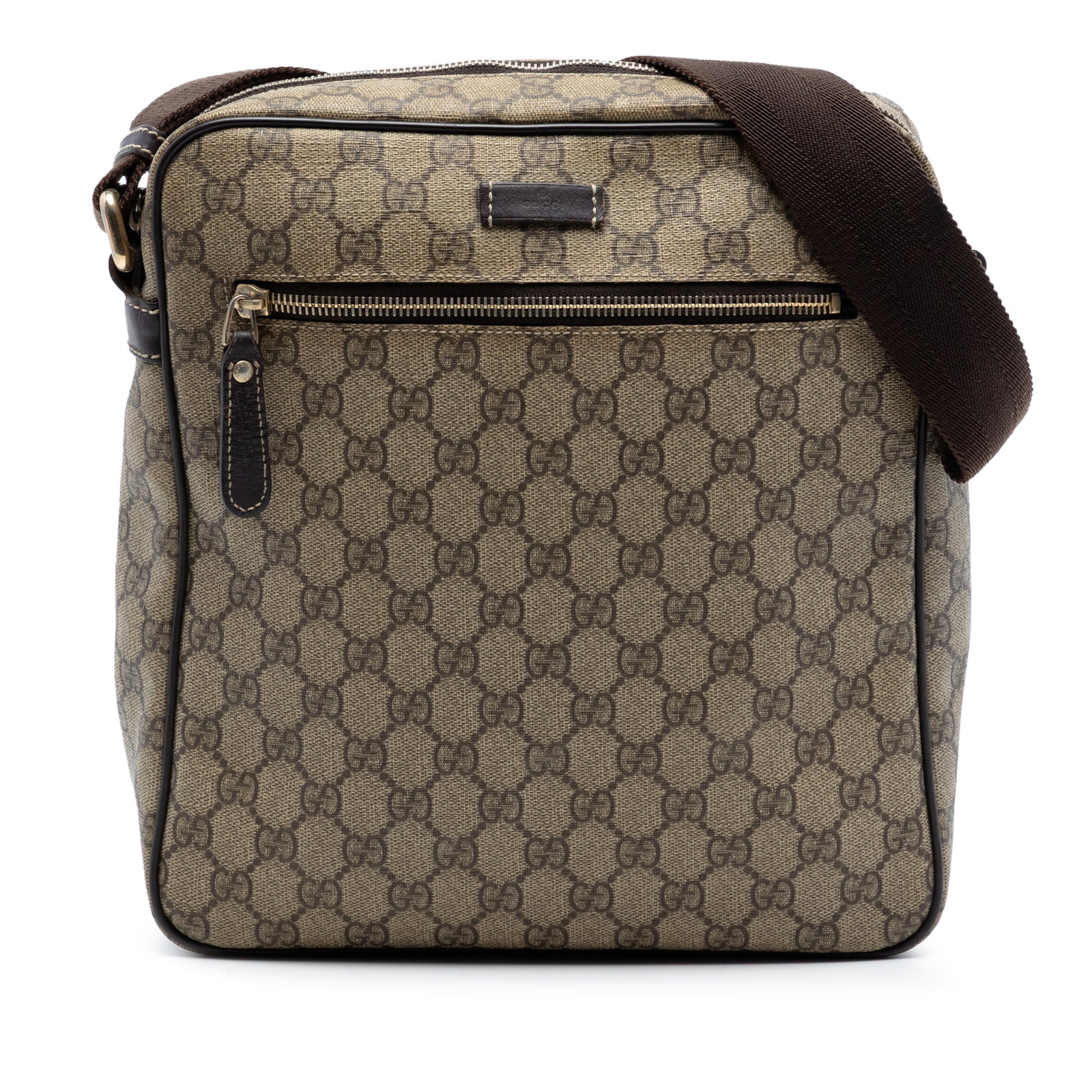 Gucci GG Supreme Beige Canvas Crossbody Bag with Leather Trim: Gucci GG Supreme Beige Canvas Crossbody Bag with Leather Trim This Gucci GG Supreme Crossbody bag features a beige coated canvas body with leather trim. It is designed with an adjustable flat strap, a