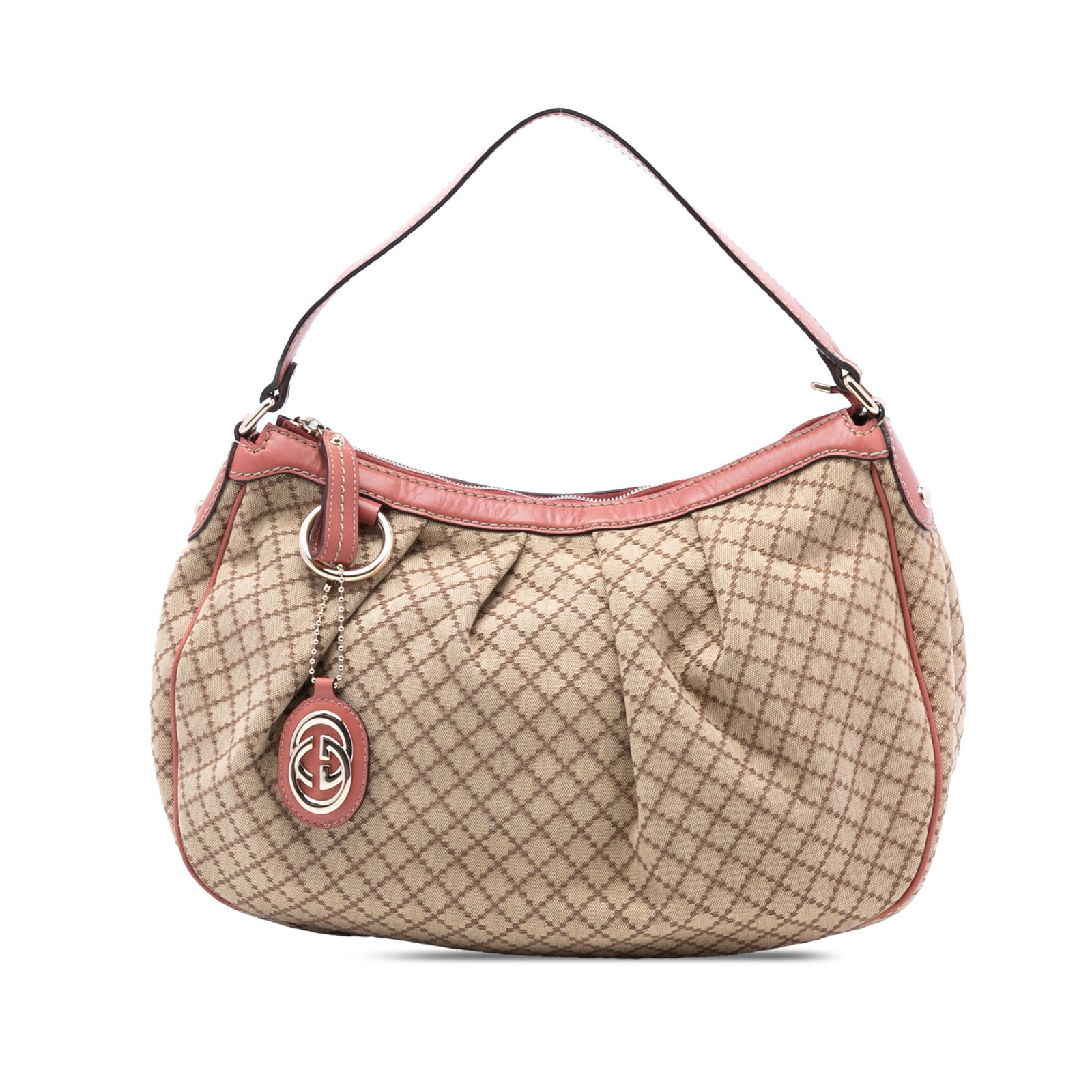 Gucci Sukey Brown Diamante Canvas Shoulder Bag with Leather Trim: Gucci Sukey Brown Diamante Canvas Shoulder Bag with Leather Trim This Gucci Diamante Canvas Sukey shoulder bag features a brown fabric body with leather trim, a flat leather strap, a top zip closure, 