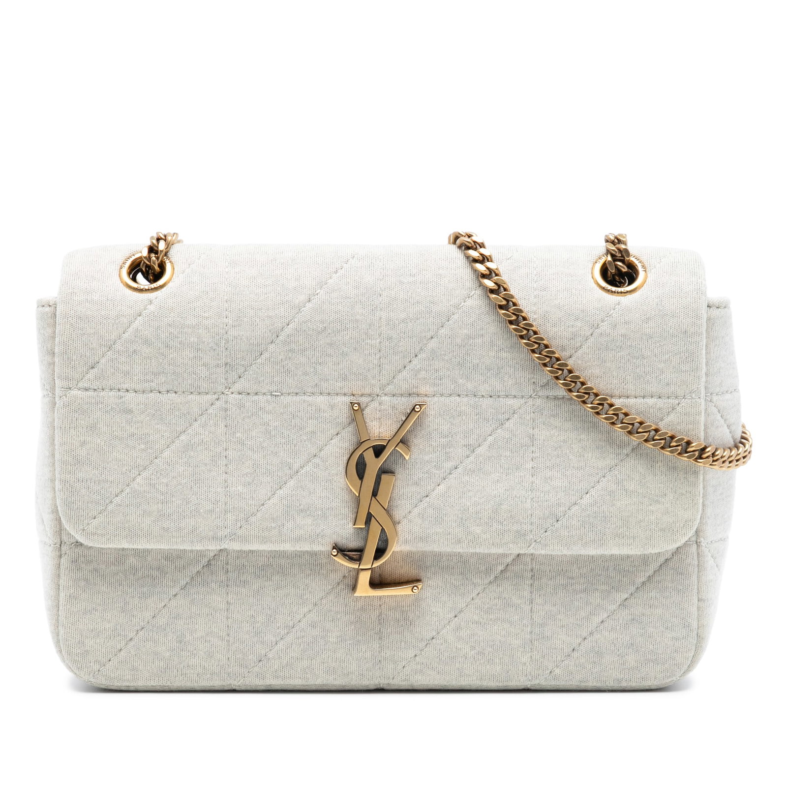 Jamie Patchwork Wool Crossbody Bag by Saint Laurent Medium Size: Jamie Patchwork Wool Crossbody Bag by Saint Laurent Medium Size This Saint Laurent Medium Jersey Wool Patchwork Jamie Crossbody bag features a wool body, a sliding chain-link strap, a flap closure, an