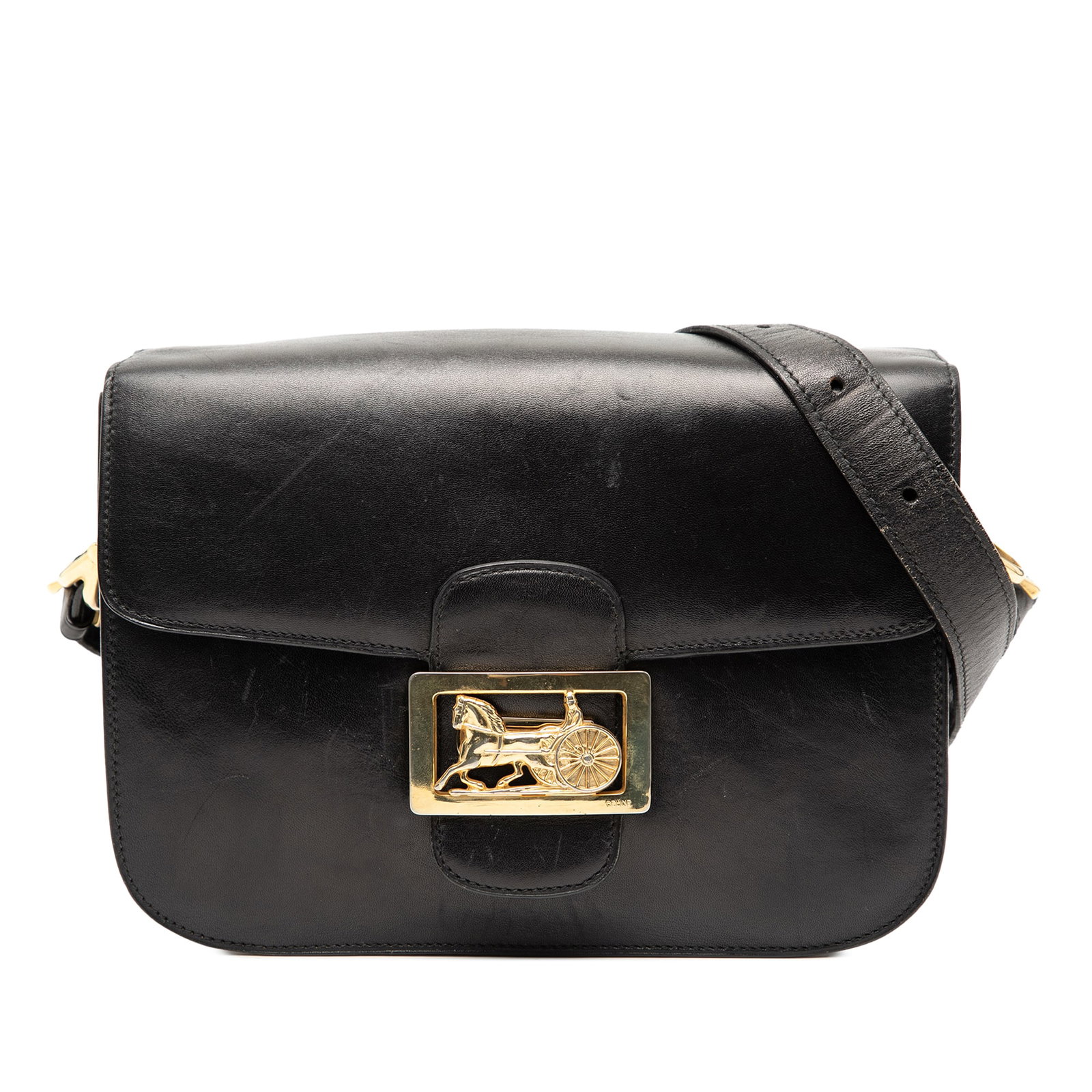 Celine Horse Carriage Black Leather Crossbody Bag Adjustable Strap: Celine Horse Carriage Black Leather Crossbody Bag Adjustable Strap This Celine crossbody bag is crafted from black calfskin leather and features an adjustable flat leather strap and a front flap with 