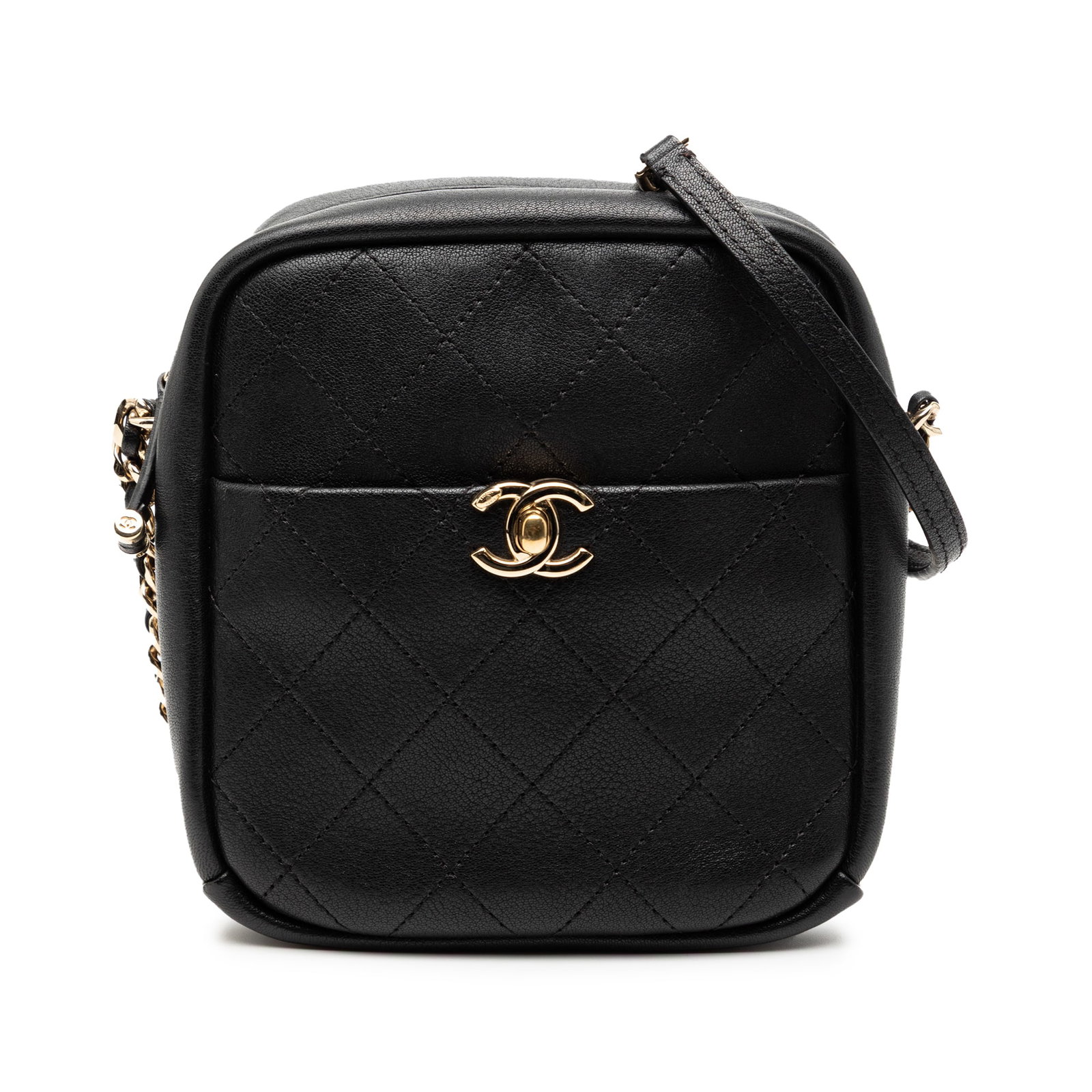 Chanel Casual Trip North South Quilted Goatskin Leather Camera Bag: Chanel Casual Trip North South Quilted Goatskin Leather Camera Bag This Chanel Stitched Goatskin Casual Trip North South Camera Case features a quilted goatskin leather exterior in black, a leather-wo