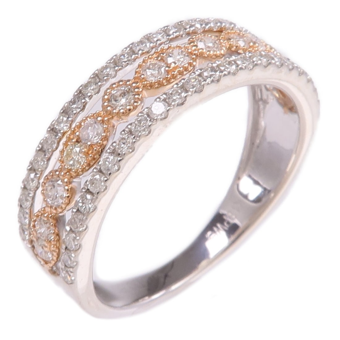 Diamond Ring in 18K White and Pink Gold Size 6.25: Diamond Ring in 18K White and Pink Gold Size 6.25 This elegant women's ring features a sophisticated design crafted from 18K white and pink gold, set with a clear diamond as the main stone. The ring i