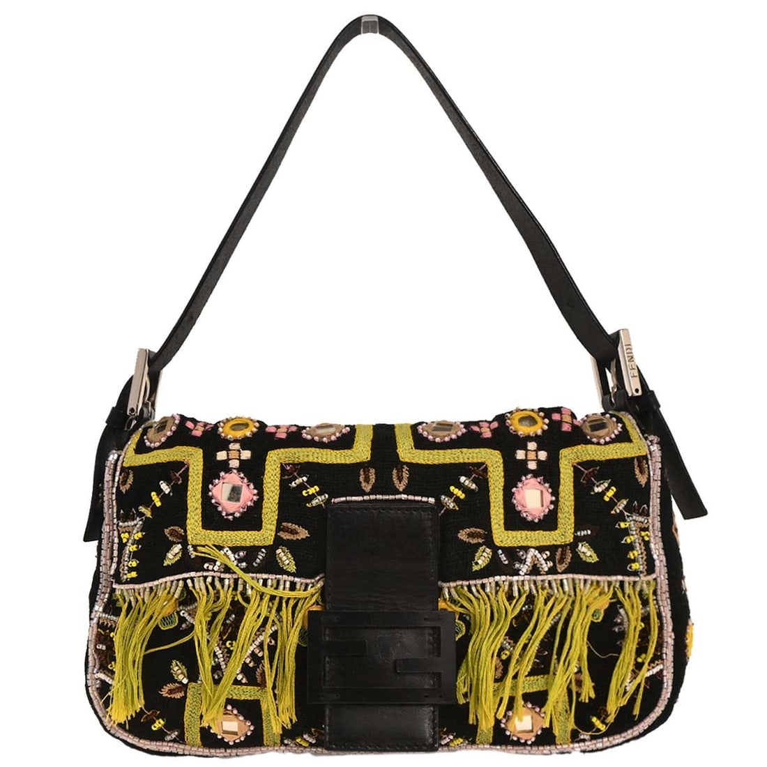 Fendi Black Cotton Beaded Baguette Handbag with Silver Hardware: Fendi Black Cotton Beaded Baguette Handbag with Silver Hardware This Fendi Baguette handbag is a stylish accessory crafted from high-quality black cotton. It features intricate beaded embroidery and t