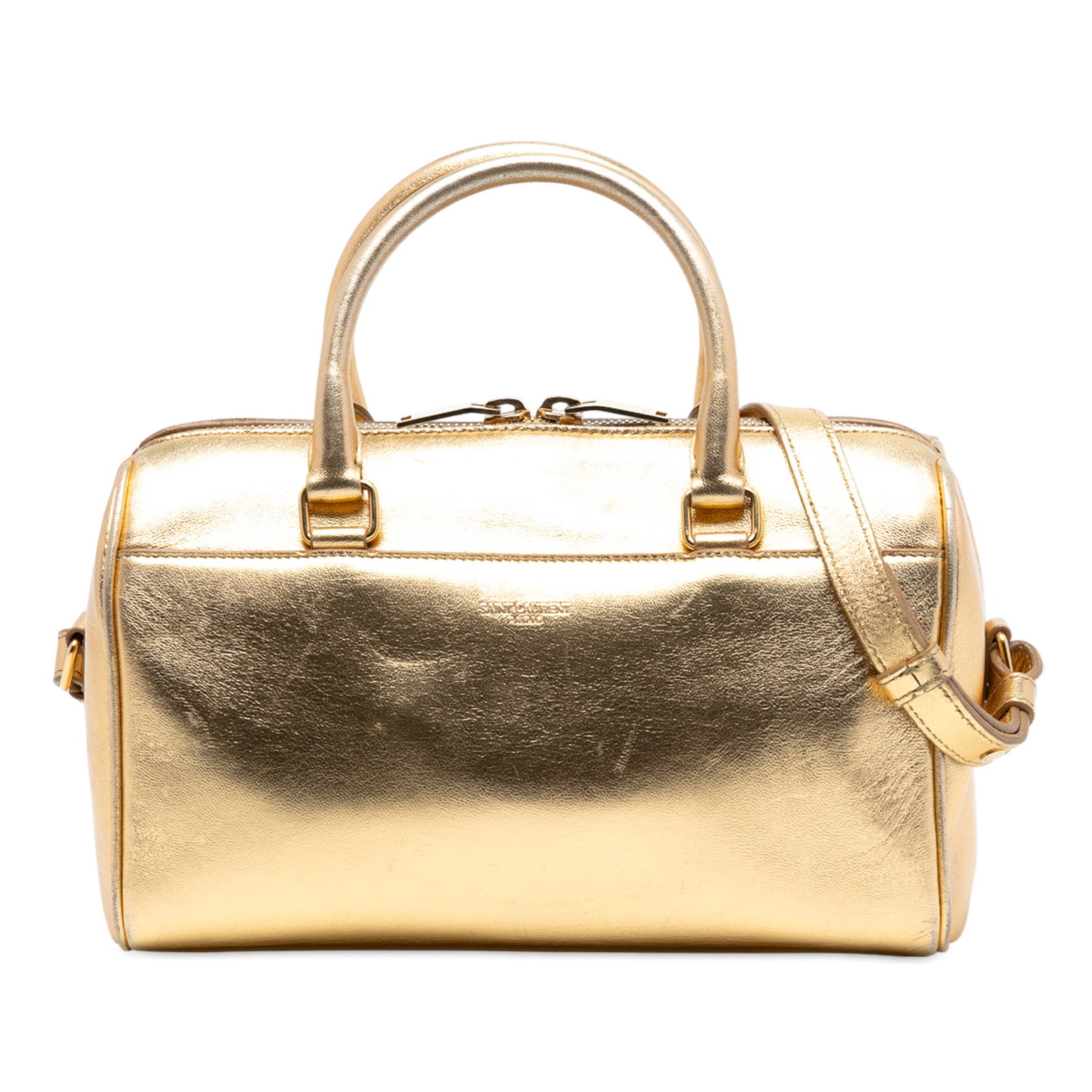 Saint Laurent Baby Classic Duffle Gold Metallic Leather Satchel Bag: Saint Laurent Baby Classic Duffle Gold Metallic Leather Satchel Bag This Saint Laurent Baby Metallic Leather Classic Duffle Satchel features a gold leather exterior with rolled leather handles and a d