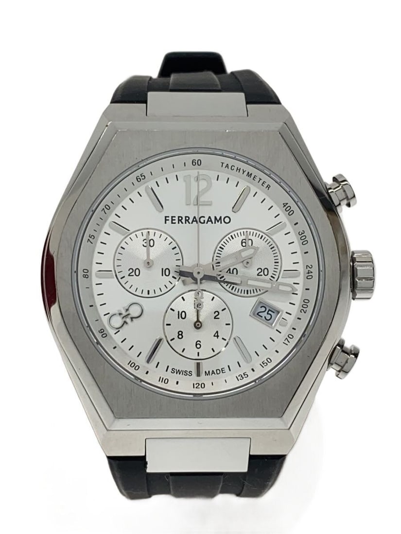 Salvatore Ferragamo quartz silver rubber wristwatch for men: Salvatore Ferragamo quartz silver rubber wristwatch for men This Salvatore Ferragamo men's wristwatch features a Swiss quartz movement and a silver-tone case paired with a rubber strap. The watch disp