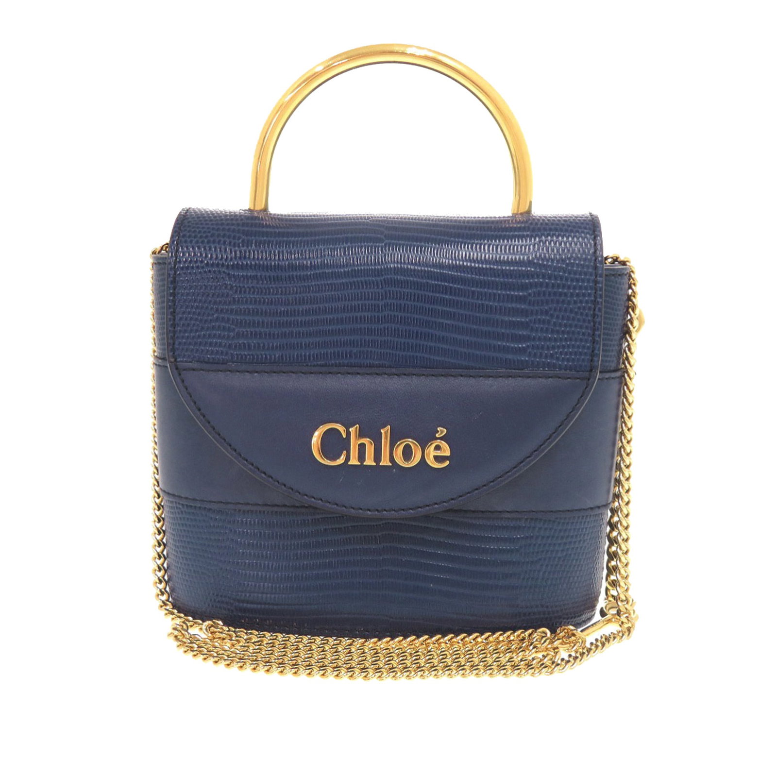 Aby Lock Blue Lizard Embossed Leather Satchel with Chain Strap by Chloe: Aby Lock Blue Lizard Embossed Leather Satchel with Chain Strap by Chloe This Aby Lock satchel by Chloe features a lizard-embossed leather exterior in blue, complemented by a rolled metal top handle an