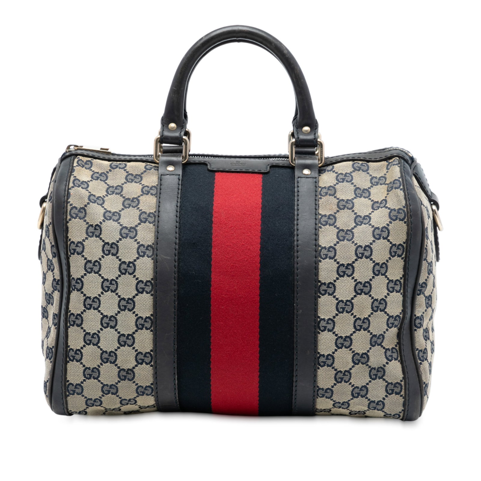 Gucci Joy Boston Medium Brown GG Canvas Satchel with Leather Handles: Gucci Joy Boston Medium Brown GG Canvas Satchel with Leather Handles This Gucci Medium GG Canvas Web Joy Boston Bag features a brown canvas body with the signature GG pattern, complemented by rolled l