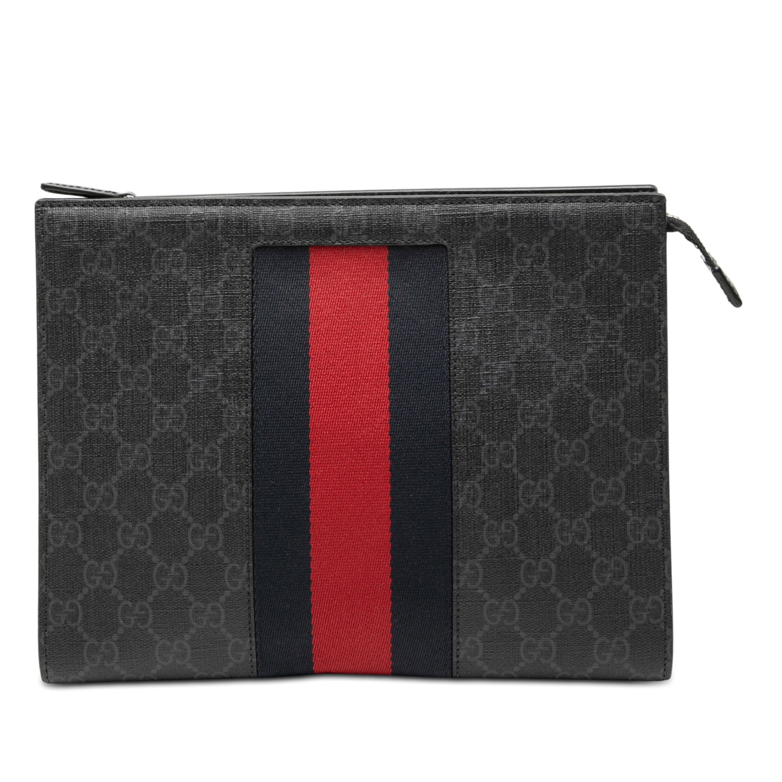 GG Supreme Web Canvas Clutch Bag with Zip Top and Slip Pocket: GG Supreme Web Canvas Clutch Bag with Zip Top and Slip Pocket This Gucci GG Supreme Web Clutch features a coated canvas body with signature web detail, a top zip closure, and an interior slip pocket. 
