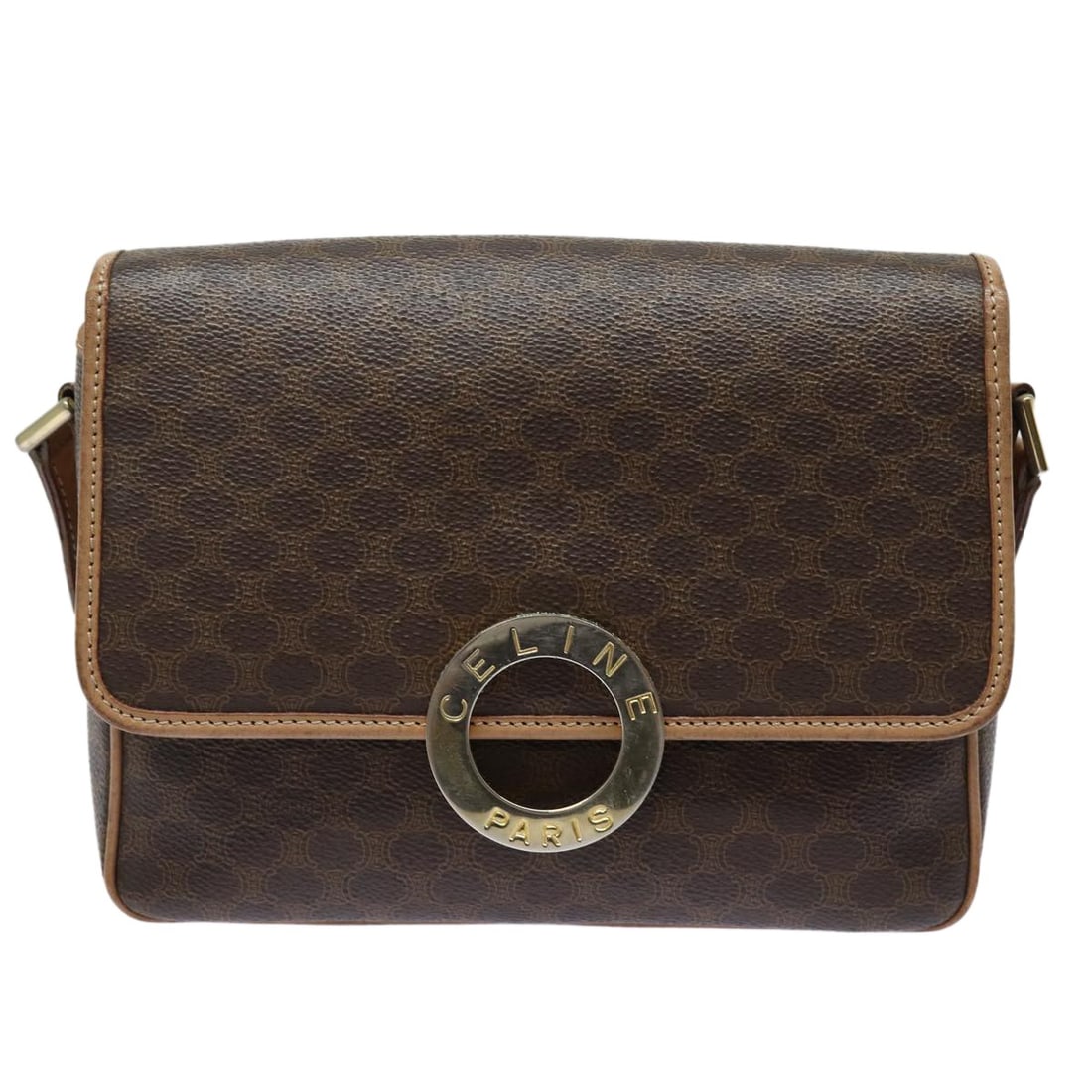 Celine Canvas Shoulder Bag with Circle Logo Brown 22cm: Celine Canvas Shoulder Bag with Circle Logo Brown 22cm This Celine Circle Logo Shoulder Bag features a brown canvas exterior with leather accents and a signature circle logo design. Designed for women