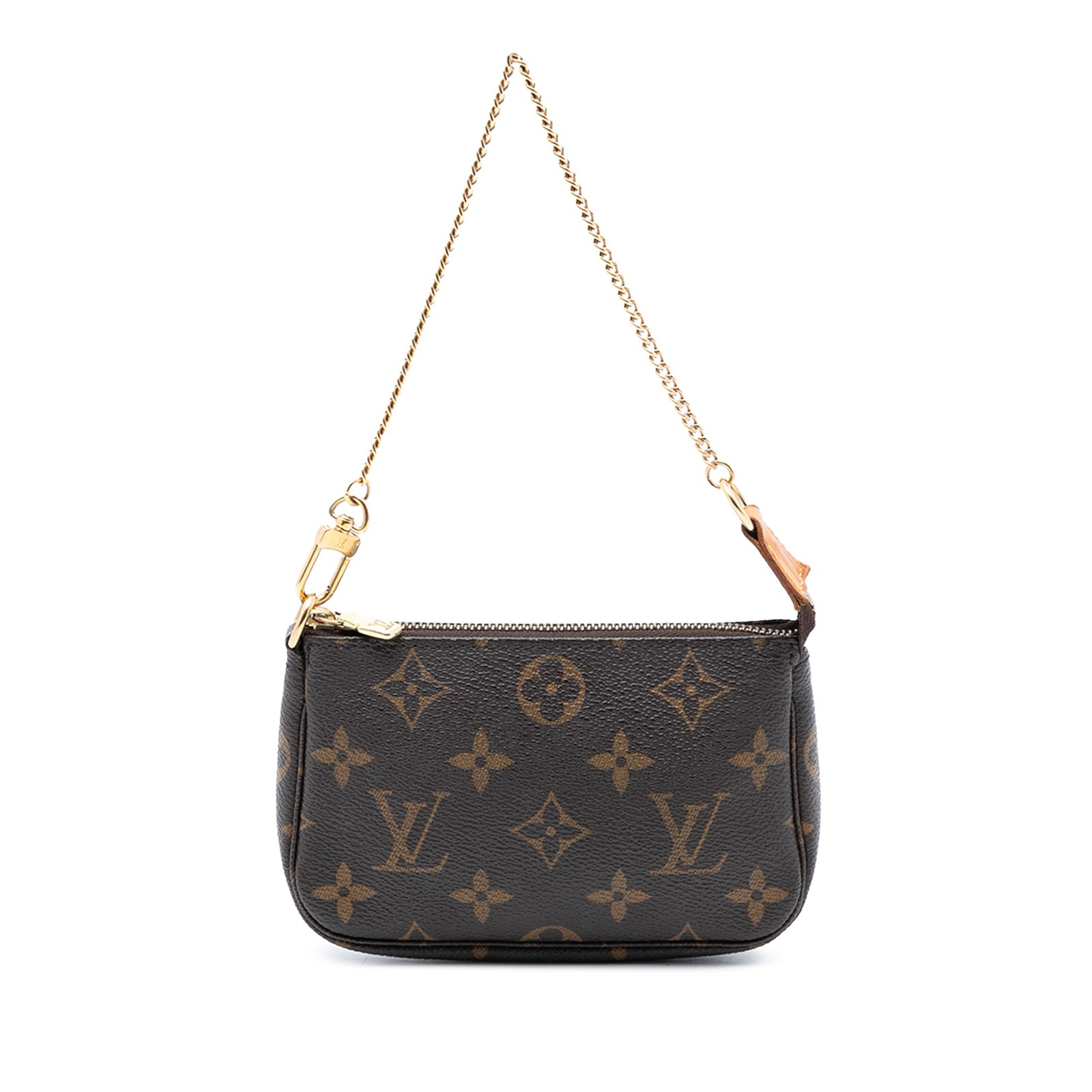 Louis Vuitton Mini Pochette Accessoires Monogram Canvas Gold Chain Bag: Louis Vuitton Mini Pochette Accessoires Monogram Canvas Gold Chain Bag This Louis Vuitton Mini Pochette Accessoires features a monogram canvas body in brown, complemented by a gold-tone chain strap an