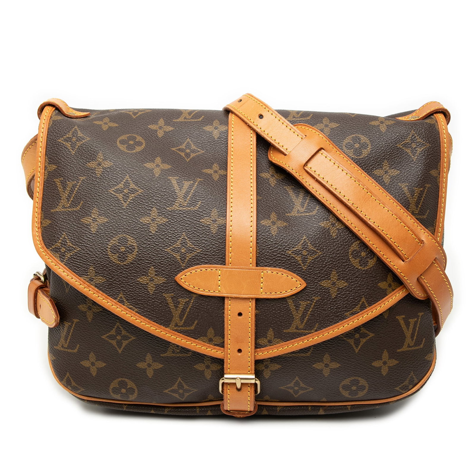 Louis Vuitton Saumur 30 Shoulder Bag Brown Monogram Canvas with Leather Trim: Louis Vuitton Saumur 30 Shoulder Bag Brown Monogram Canvas with Leather Trim The Louis Vuitton Monogram Saumur 30 features a canvas body with leather trim, an adjustable flat leather shoulder strap, d
