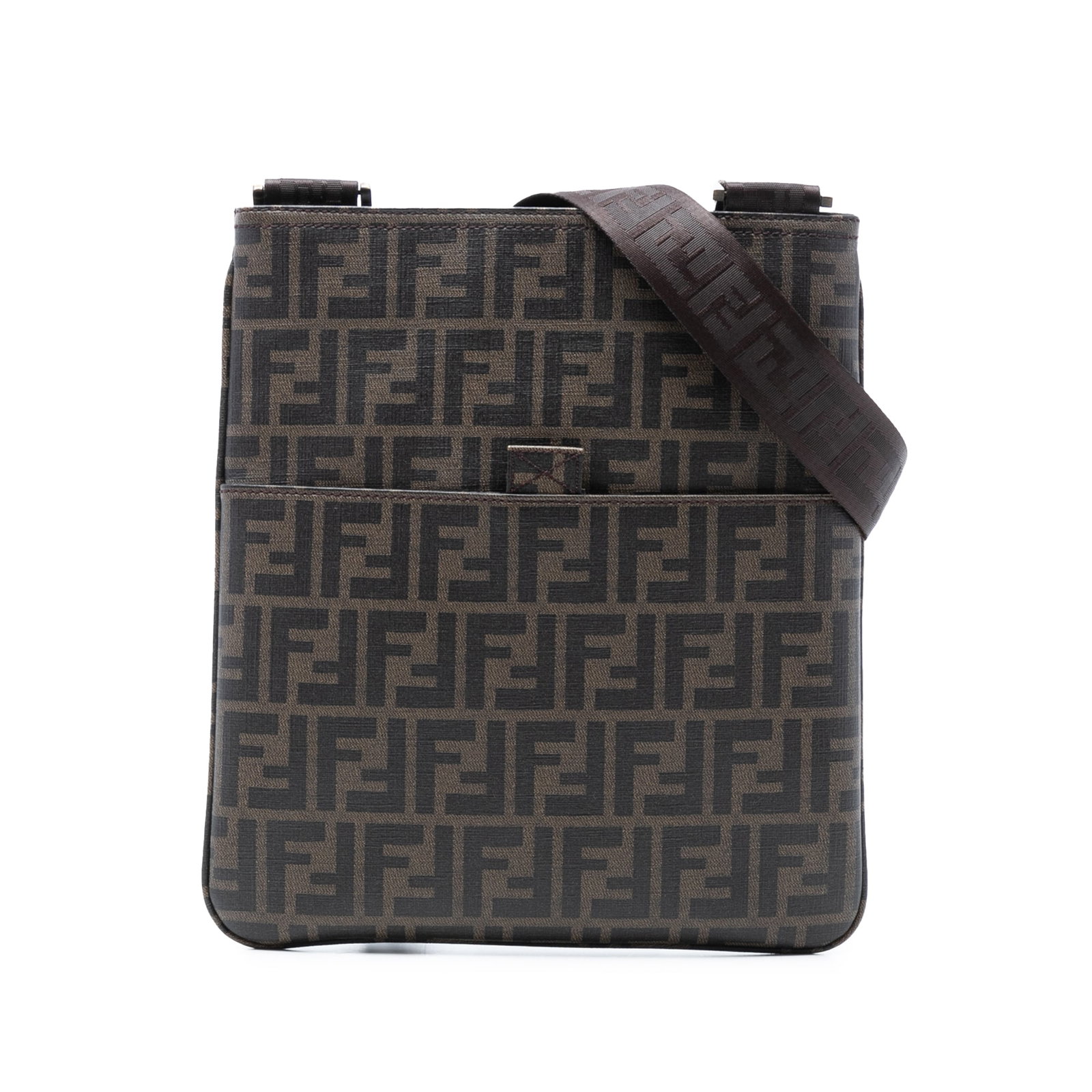Fendi Zucca Spalmati Brown Coated Canvas Crossbody Bag with Leather Trim: Fendi Zucca Spalmati Brown Coated Canvas Crossbody Bag with Leather Trim This Fendi Zucca Spalmati Crossbody bag features a coated canvas body with leather trim, an adjustable flat nylon strap, a top 