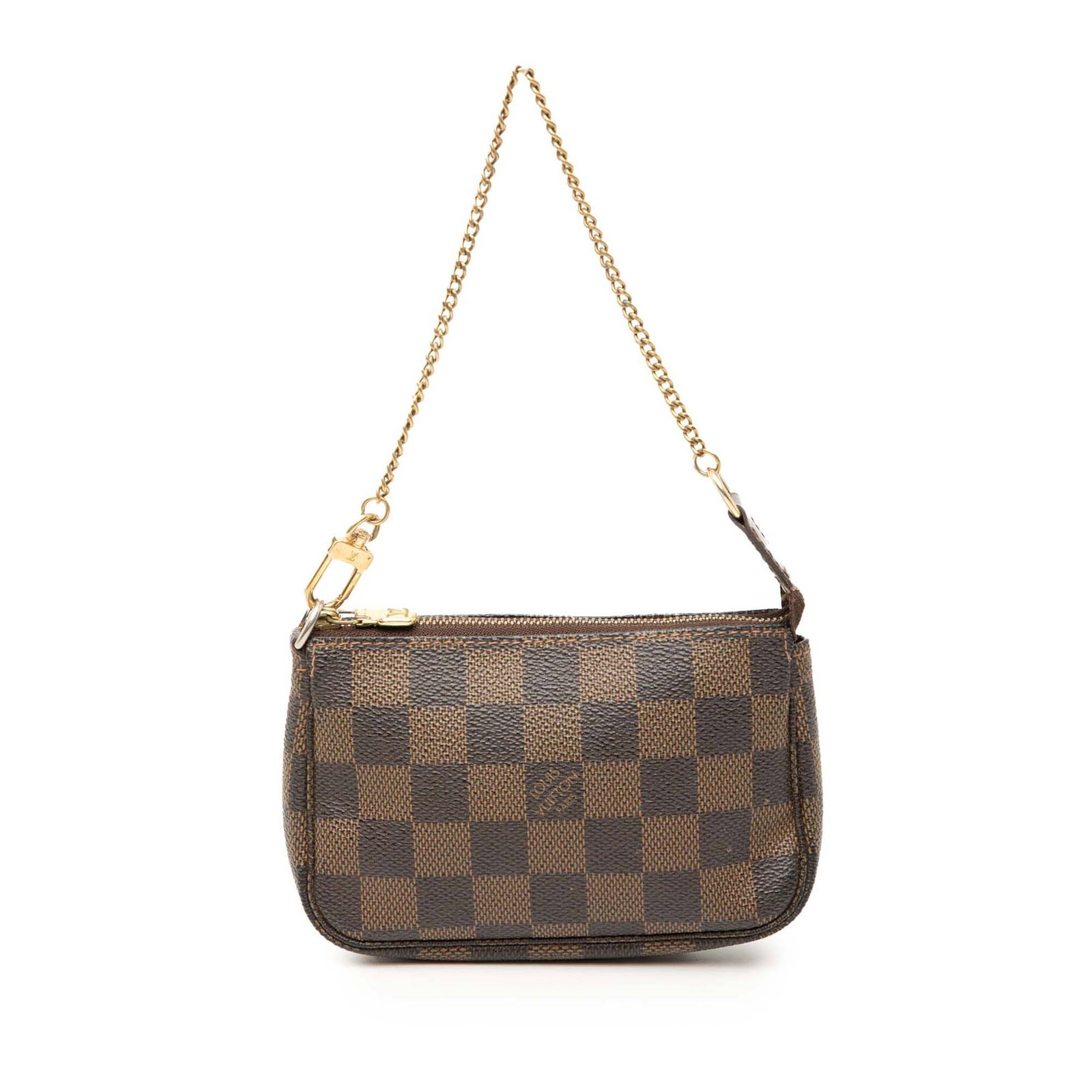 Louis Vuitton Damier Ebene Brown Mini Pouch with Gold Chain Strap: Louis Vuitton Damier Ebene Brown Mini Pouch with Gold Chain Strap This Louis Vuitton Mini Pochette Accessoires features the iconic Damier Ebene canvas in brown, accented with a gold-tone chain strap a