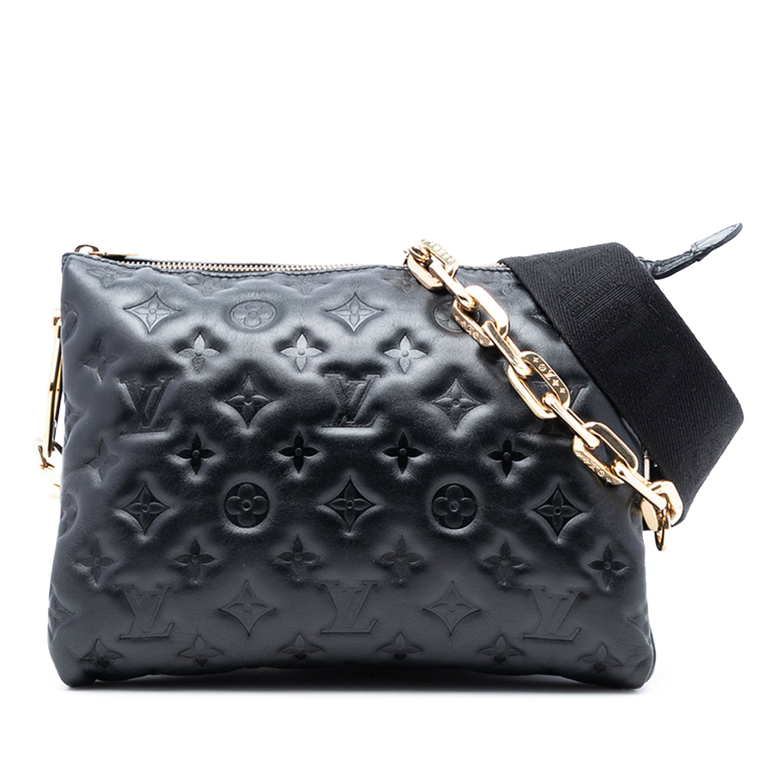 Louis Vuitton Coussin PM Black Lambskin Shoulder Bag with Gold Chain and Strap: Louis Vuitton Coussin PM Black Lambskin Shoulder Bag with Gold Chain and Strap This Louis Vuitton Coussin PM handbag features an embossed puffy lambskin leather body in black, complemented by a gold-t