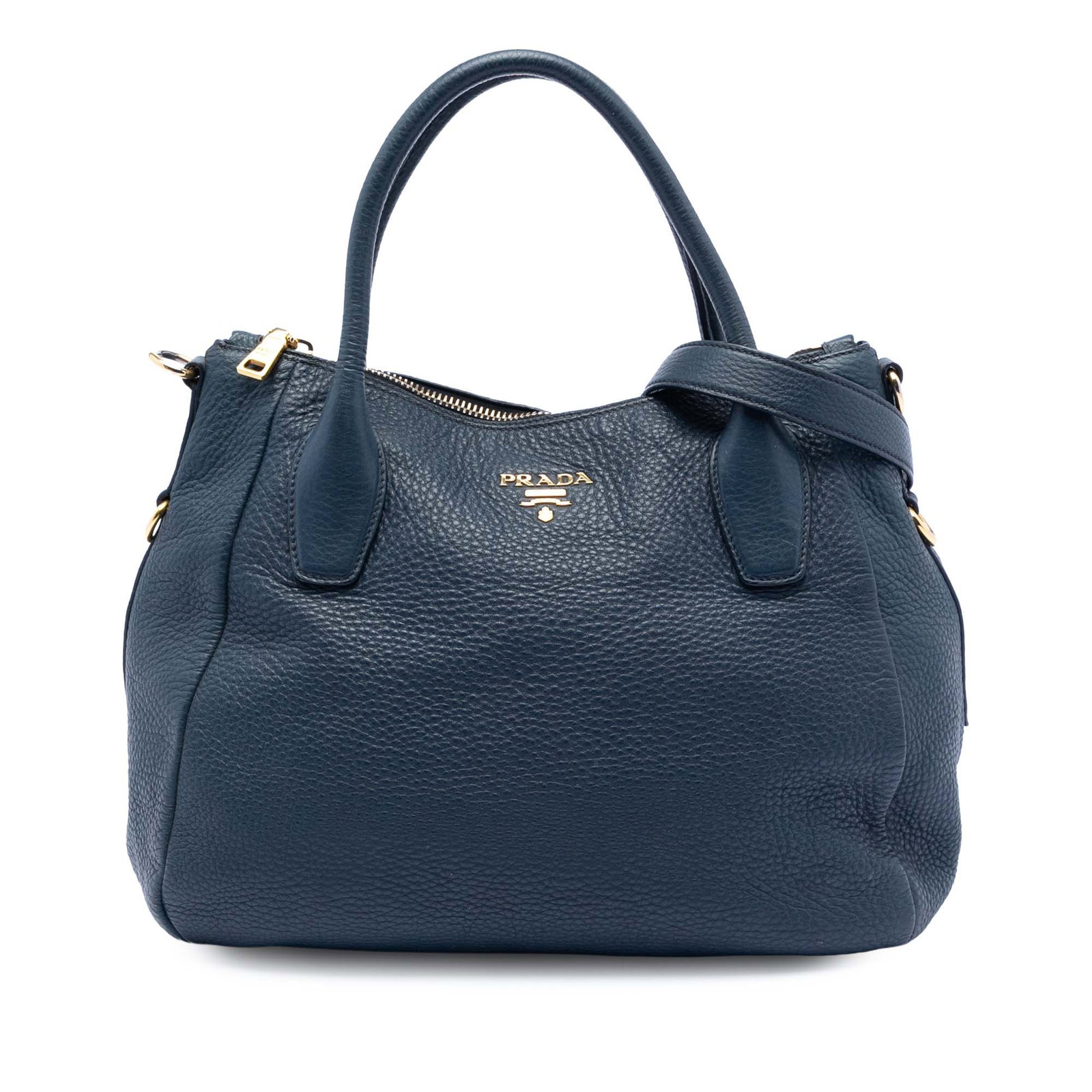 Prada Vitello Daino Blue Leather Convertible Tote with Two Handles: Prada Vitello Daino Blue Leather Convertible Tote with Two Handles This Prada Vitello Daino Sacca 2 Manici Convertible Tote features a leather body in blue, rolled leather handles, and a detachable, a